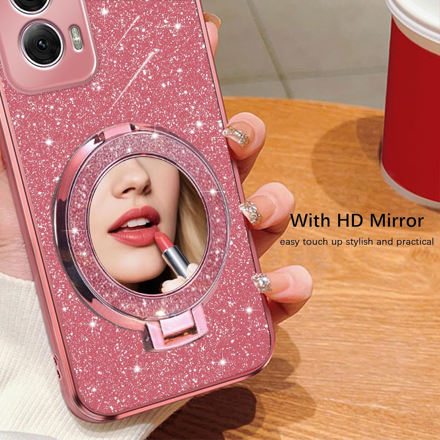 Phone Case for Moto G Power 5G 2024 with Ring Holder Kickstand [Mirror & Lanyard], Women Girls Plating Bling Clear Soft Shockproof Cover Magnetic Case for Moto G Power 5G 2024, Rose Gold image 4