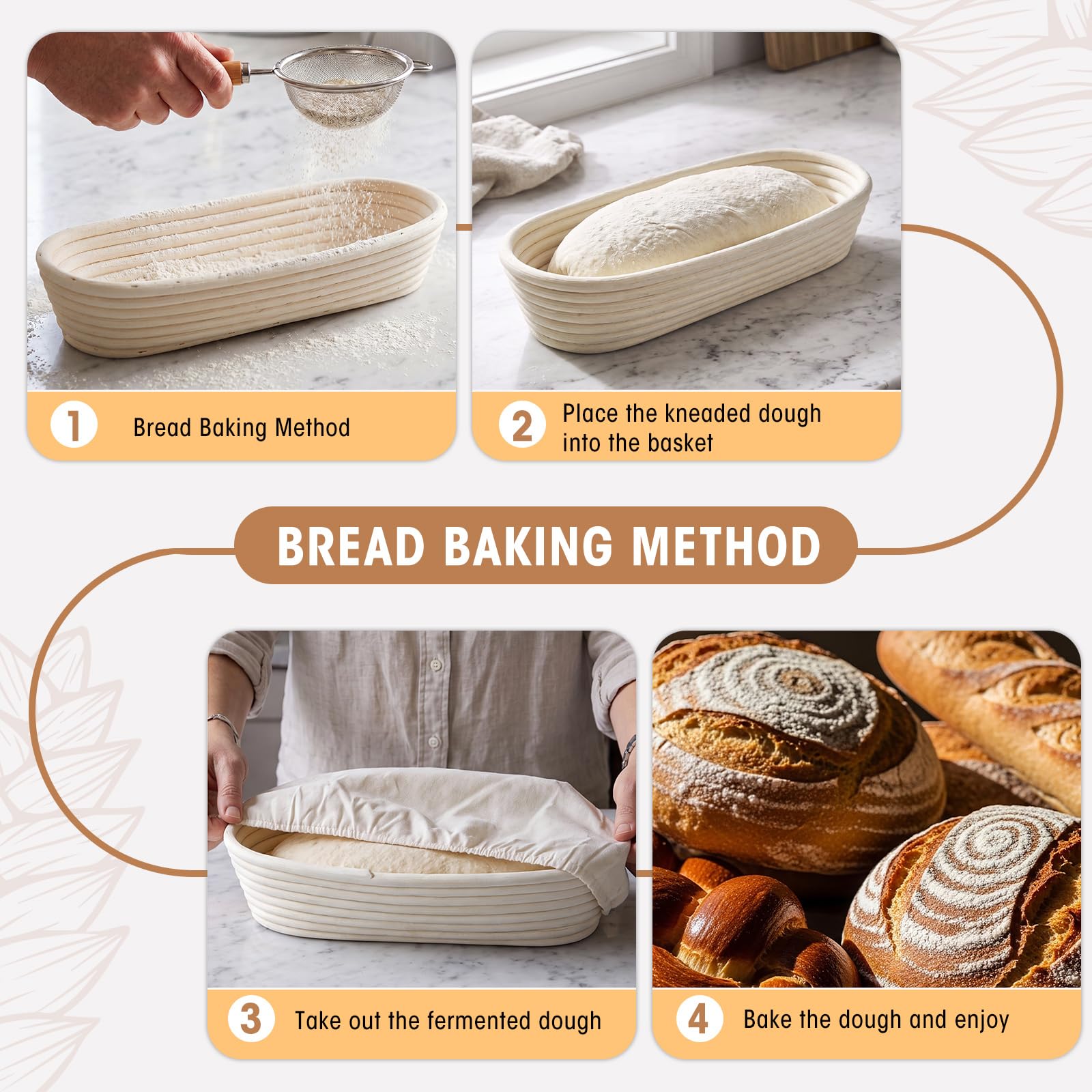 Vesici Baguette-Banneton-Gärkörbe, 35,6 cm, 6 Stück, mit Leineneinsatz, Baguette-Banneton, Brotbackkörbe, Rattan-Teiggärkörbe für Zuhause, Backzubehör, Backgeschenke