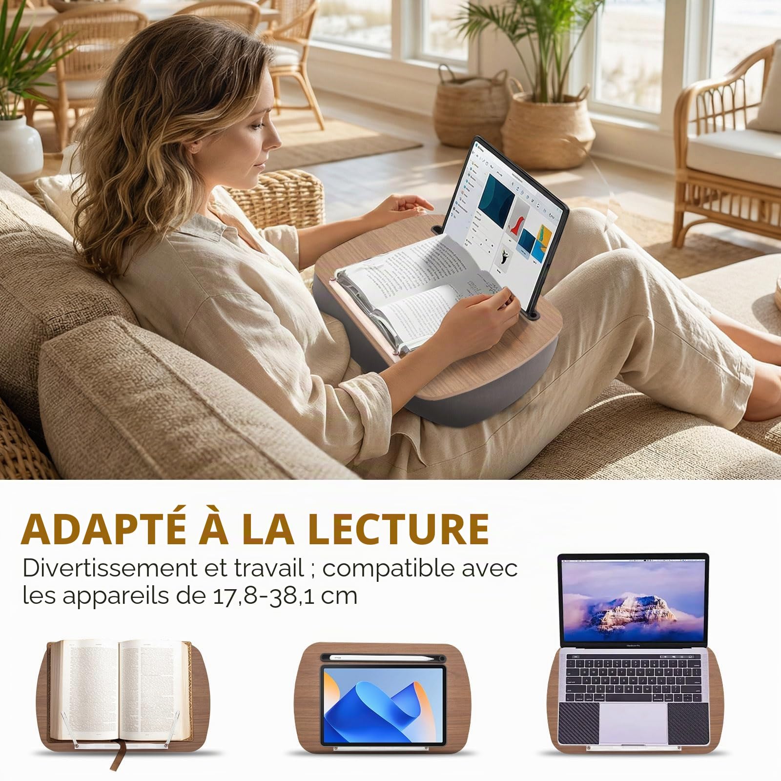 Pouf, support de livre et coussin de lecture – Lecture mains libres sur canapé, lit et bureau, pour livres, liseuse, tablette et ordinateur portable, cadeau pour les amateurs de livres (gris)