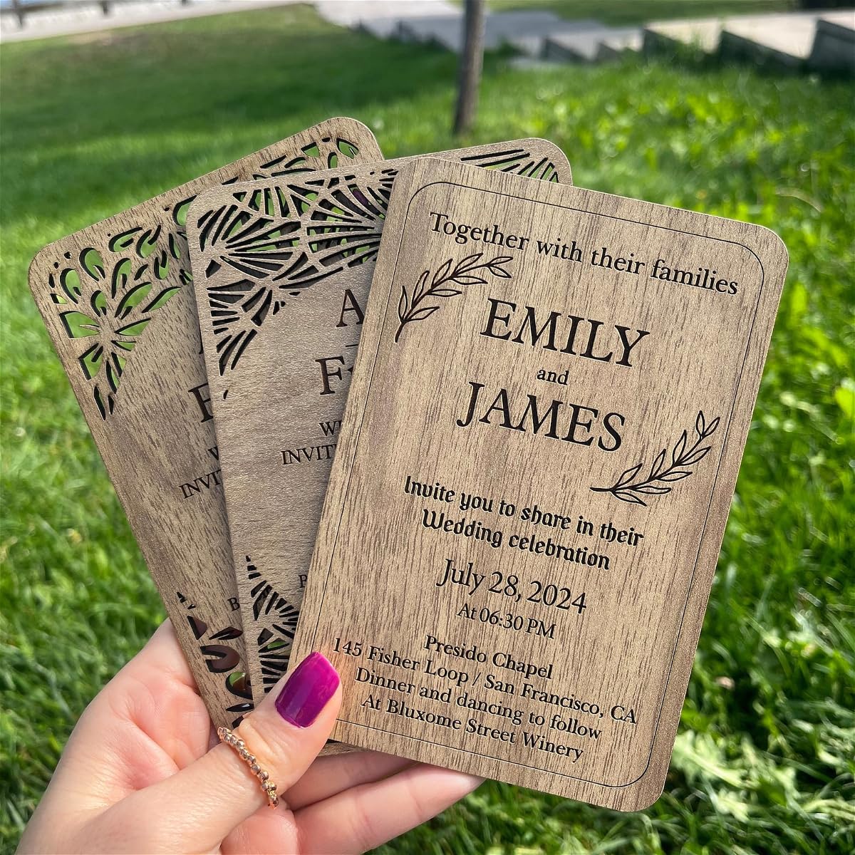 Invitaciones de boda de madera personalizadas grabadas con láser, tarjetas de invitación nupcial personalizadas (20 unidades)
