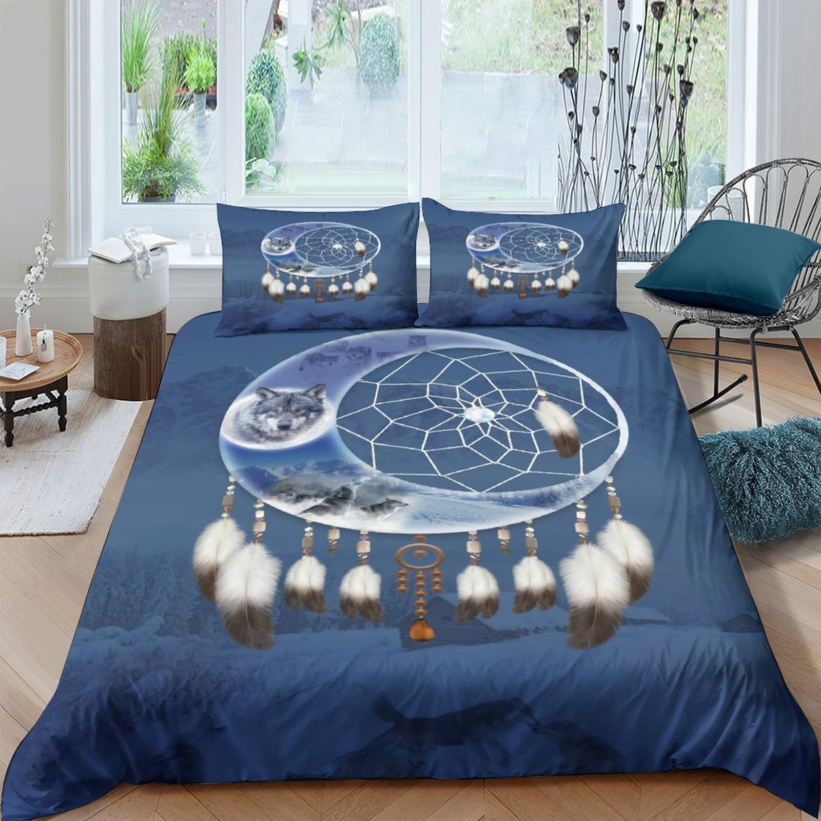 Ctjqhvkz Style-1 3D Printed Dreamcatcher Fitted Sheet Microfiber Blue Feather Bed Cover For Bedroom Guest Room Mattress Protection Decor Single（135X200cm）