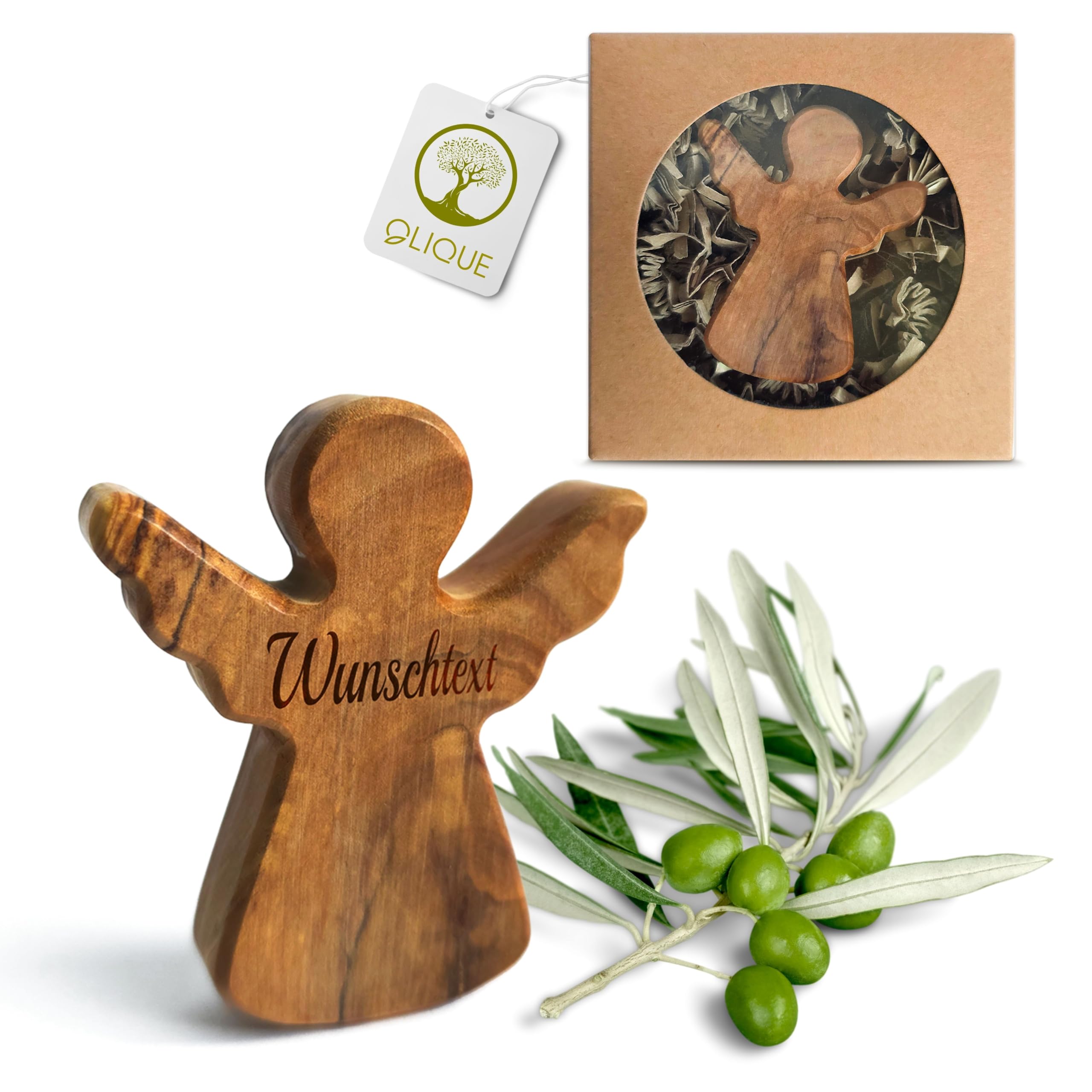Ange Gardien en Bois d'Olivier - Figurine Artisanale Faite Main Idéale comme Cadeau pour Naissance, Baptême, Communion et Confirmation (Avec Gravure)