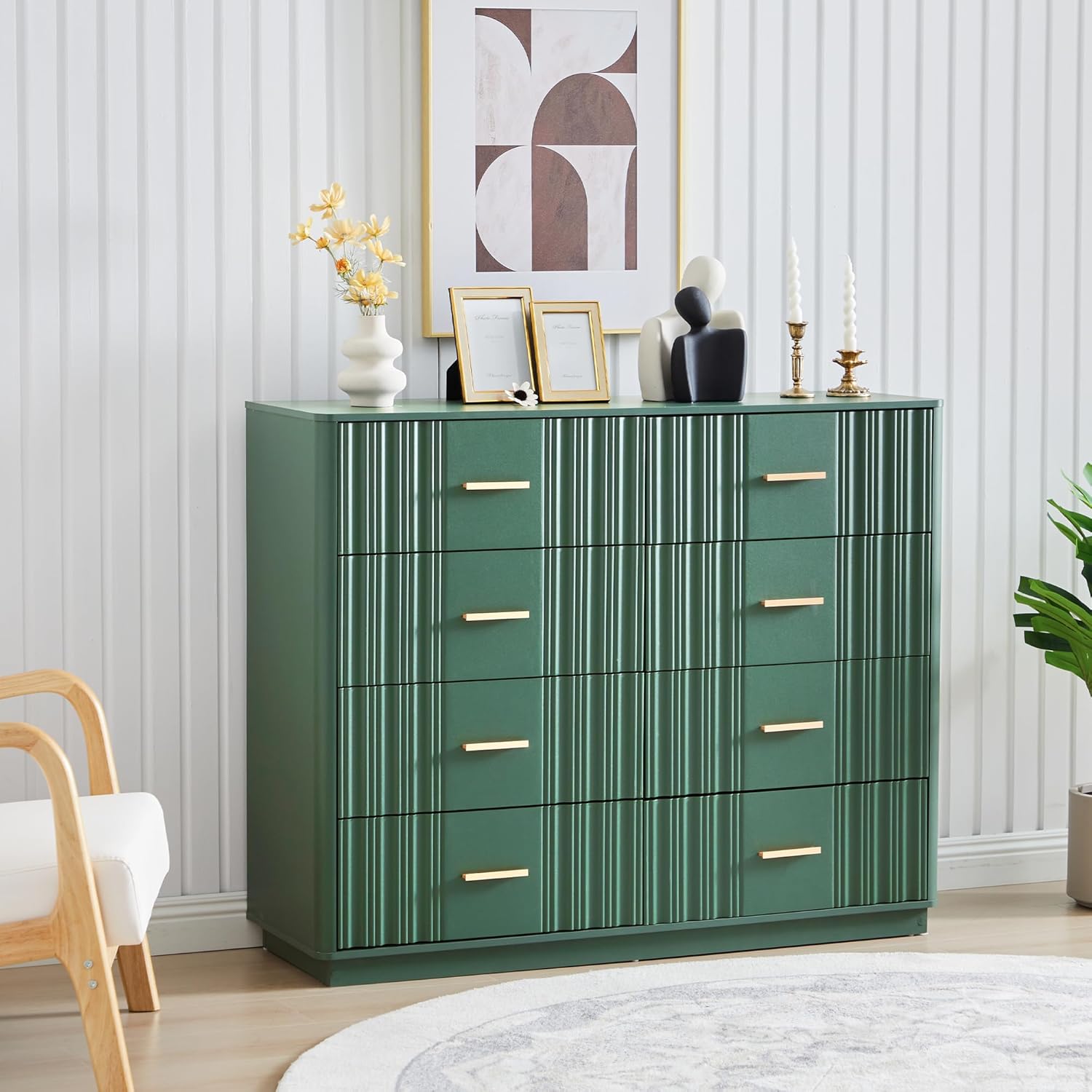 Fluted Dresser for Bedroom with 8 Drawers, 47" Wide Mid Century Modern Chest of Drawers, Wooden Dresser TV Stand, Wood Closet Clothes Storage Organizer for Living Room Hallway, Green