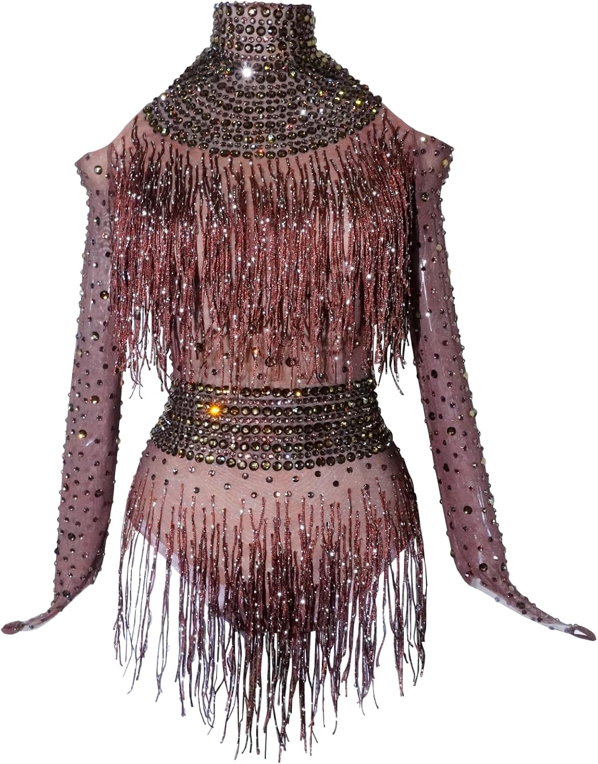 Youmeisha Sexy Fringe Rhinestone Perspective Mesh Bodysuit Women Birthday Party Team Dance Costumes Festival Carnival