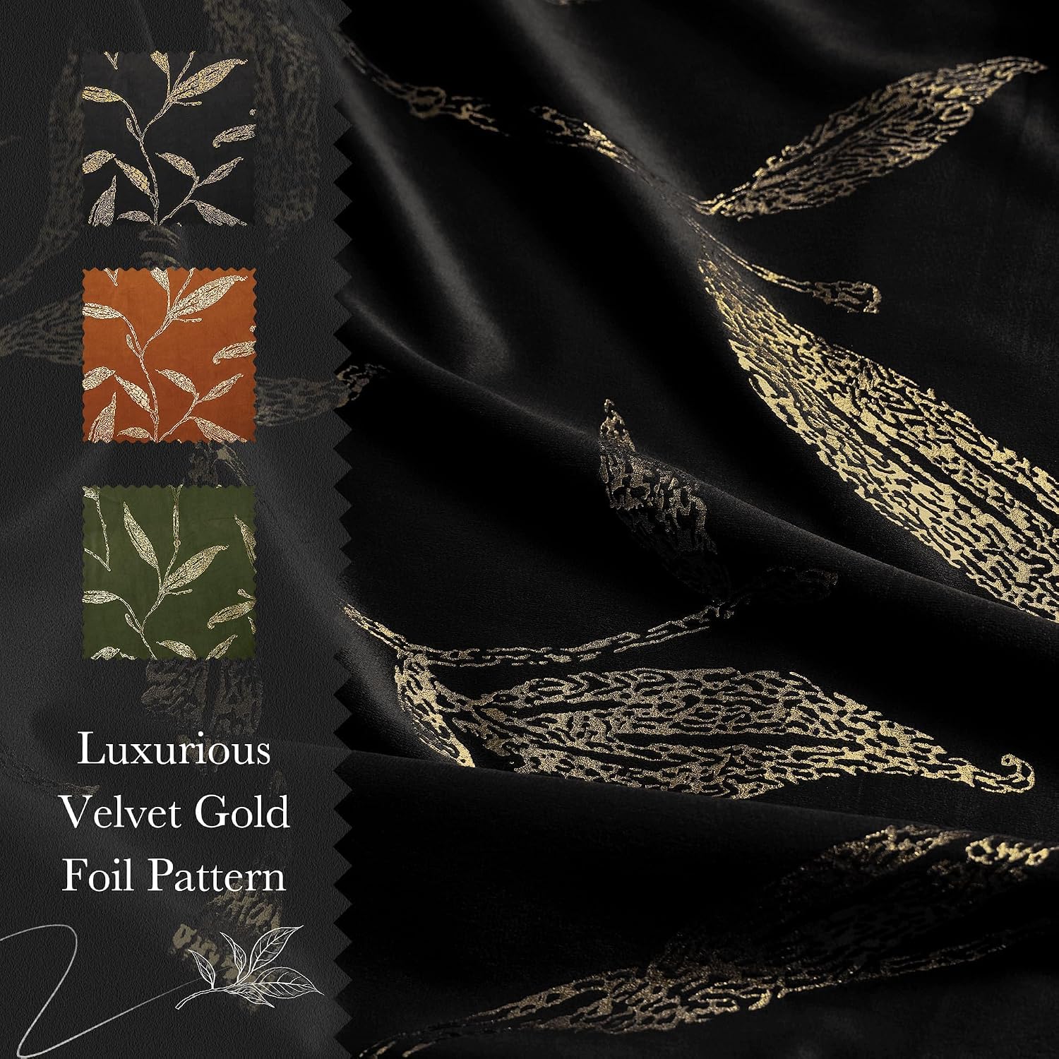  Black Velvet Curtains 2 Panels with Gold Foil Leaf Print – Modern Glam Black and Gold Drapes for Living Room, Luxury Room Darkening Window Treatments for Bedroom & Gothic Decor (50W x 84L) thumbnail