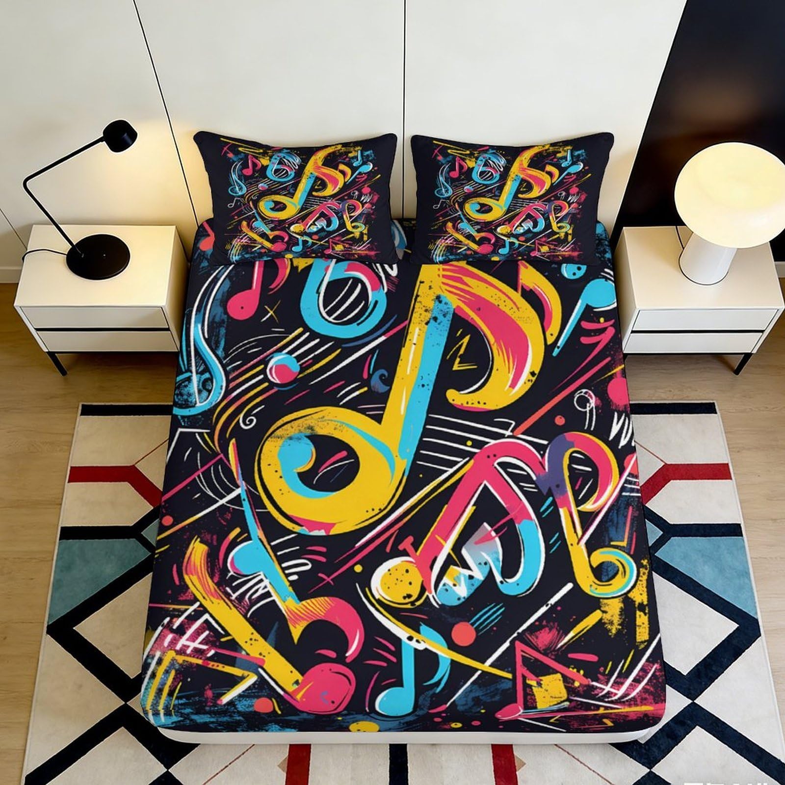 Uxinyoume Style-10 3D Printed Colorful Music Note Fitted Sheet Microfiber Soft Black Bed Sheet For Bedroom Dorm Mattress Protection 90X200x25cm