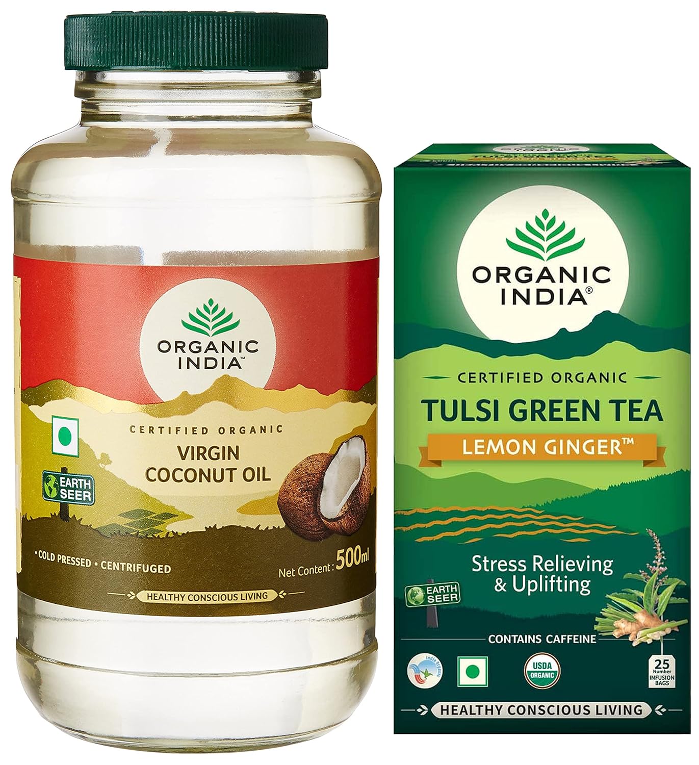 Organic India Virgin Coconut Oil, 500ml & Organic India Tulsi Green 25 x 1.8g Tea Bags (Lemon