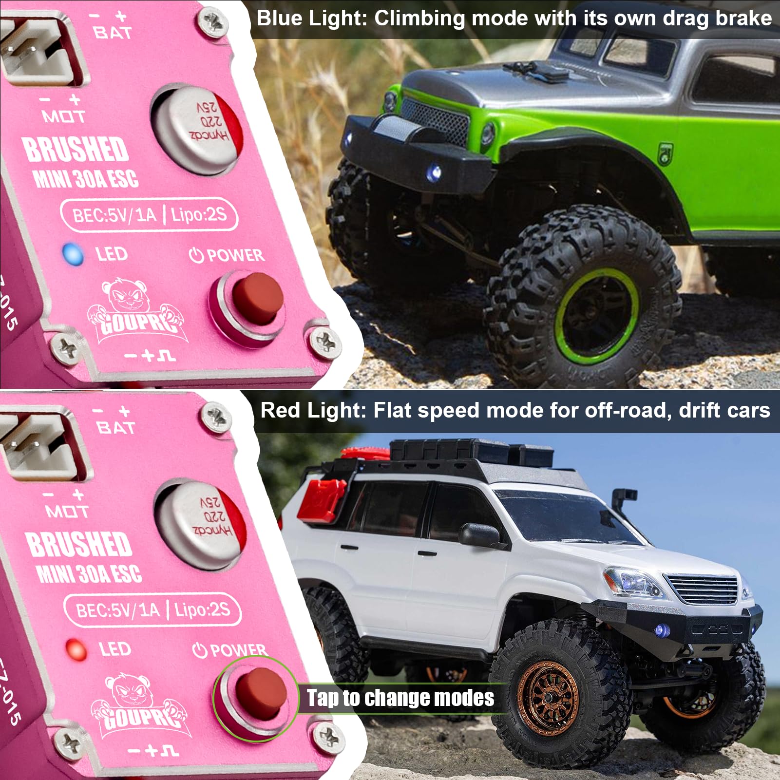 GOUPRC 30A Brushed Mini ESC with 050 50T Brushed Motor & Motor Mount Combo Kit for 1/24 Axial SCX24 AX24 RC Upgrade Pink