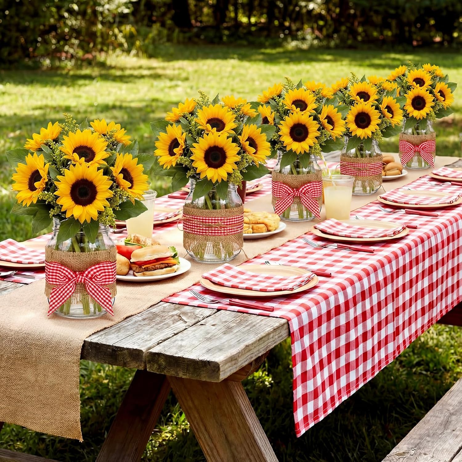 9 Sets 13 Pcs Picnic Party Centerpieces for Table Mason Jar Table Centerpieces with Red and White Gingham Ribbon Burlap for Picnic Pizza Farmhouse Wedding Birthday Party BBQ Baby Shower Decor