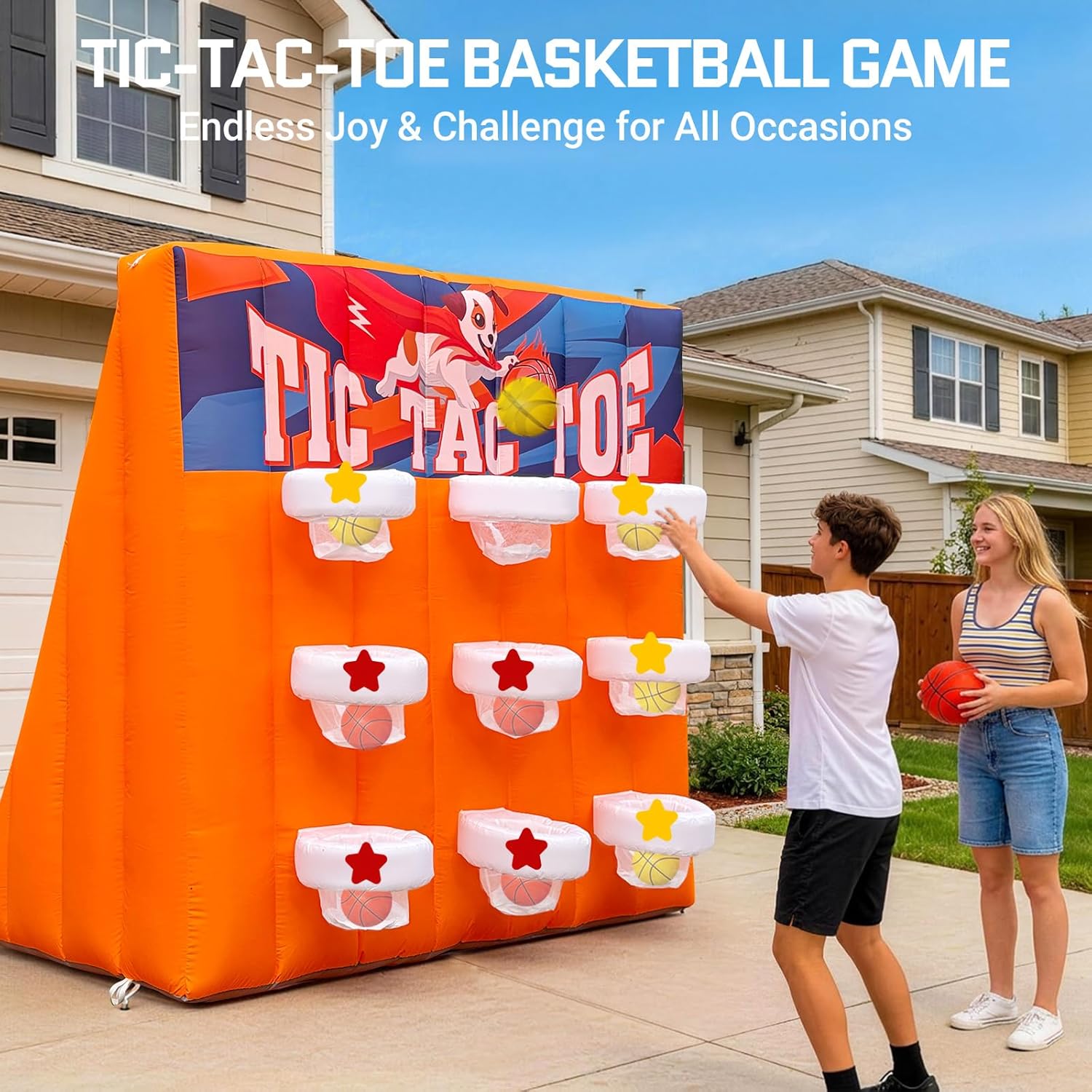 OZIS Inflatable Basketball Hoop Shooting Game with 10 Balls, Inflatable Carnival Game with Tic Tac Toe Throwing Fun with Powerful Built-in Blower for Parties, Outdoor/Indoor Events, Backyard Play