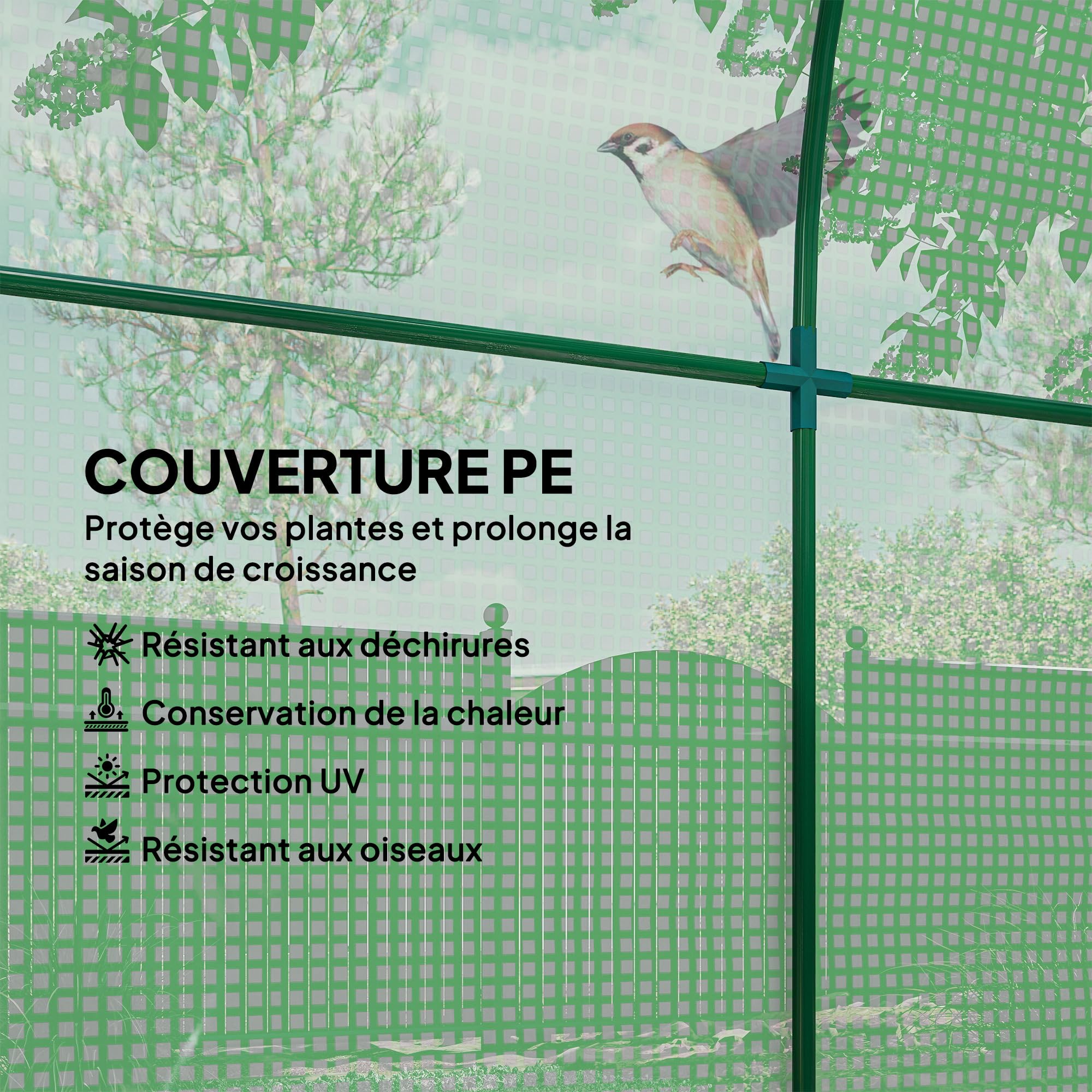 Outsunny Serre tunnel de jardin 3,24m² 180x180x200cm cadre acier porte fenêtre enroulables bâche PE verte