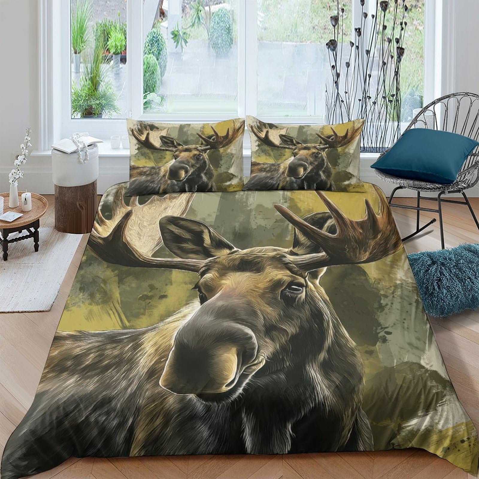 GPLZQXKJNH 3D Printed Moose Forest Duvet Cover Microfiber Soft Breathable Woodland Animal Bedding Set with 2 Pillowcases for Bedroom Decor Single（135x200cm）