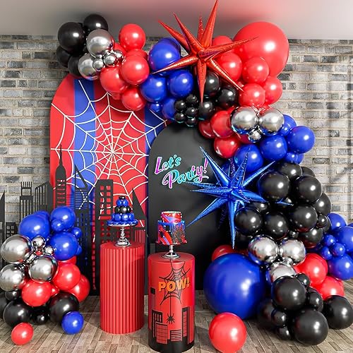 Kit de guirnalda de arco de globos negros, rojos y azules, arco de globos con temática de araña para hombre con globos para baby shower, temática de