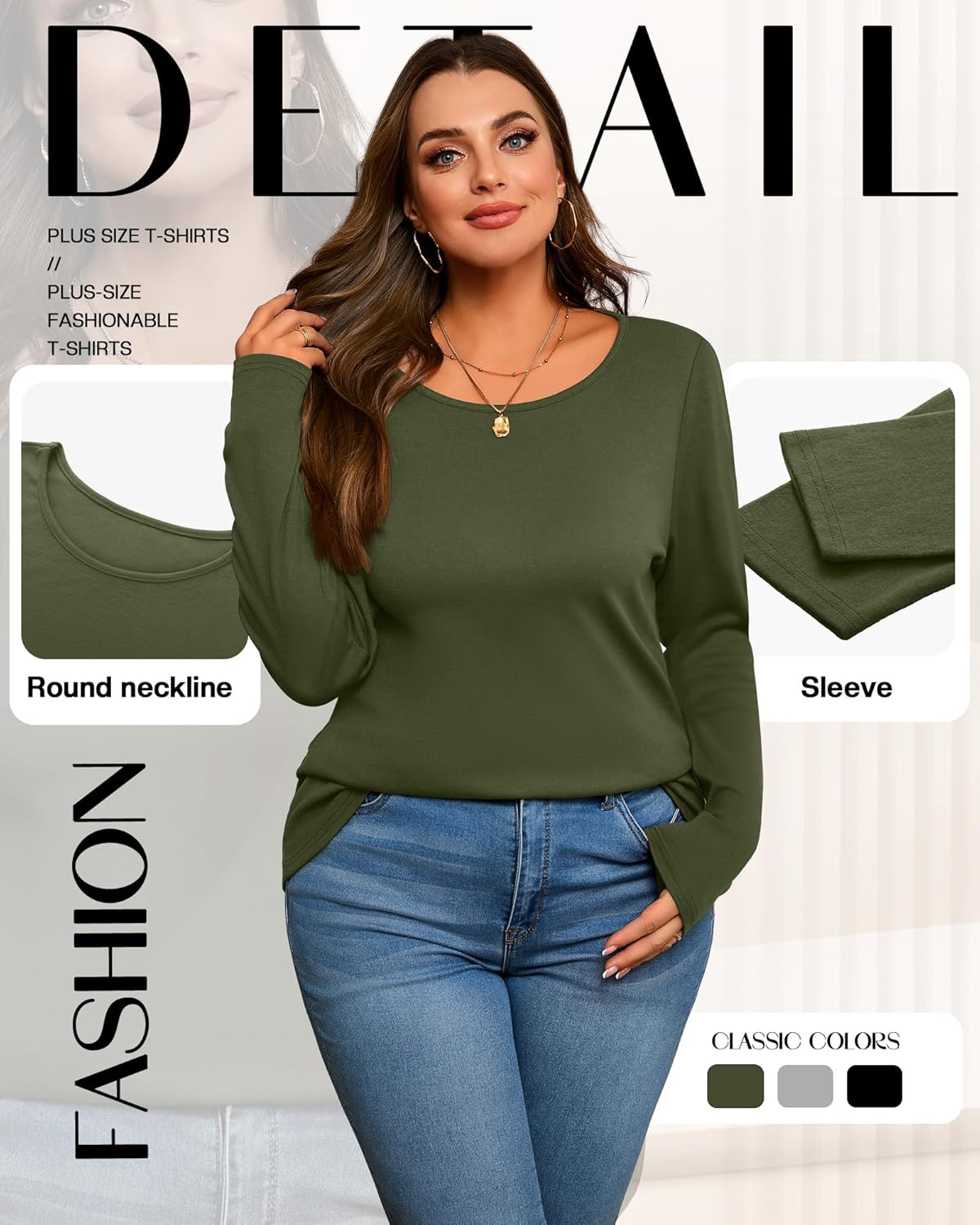 3 Pack Women's Plus Size Cotton Shirts, Scoop Neck Long Sleeve Casual Tops Form Fitting Knitted T-Shirts Blouses - Image 6