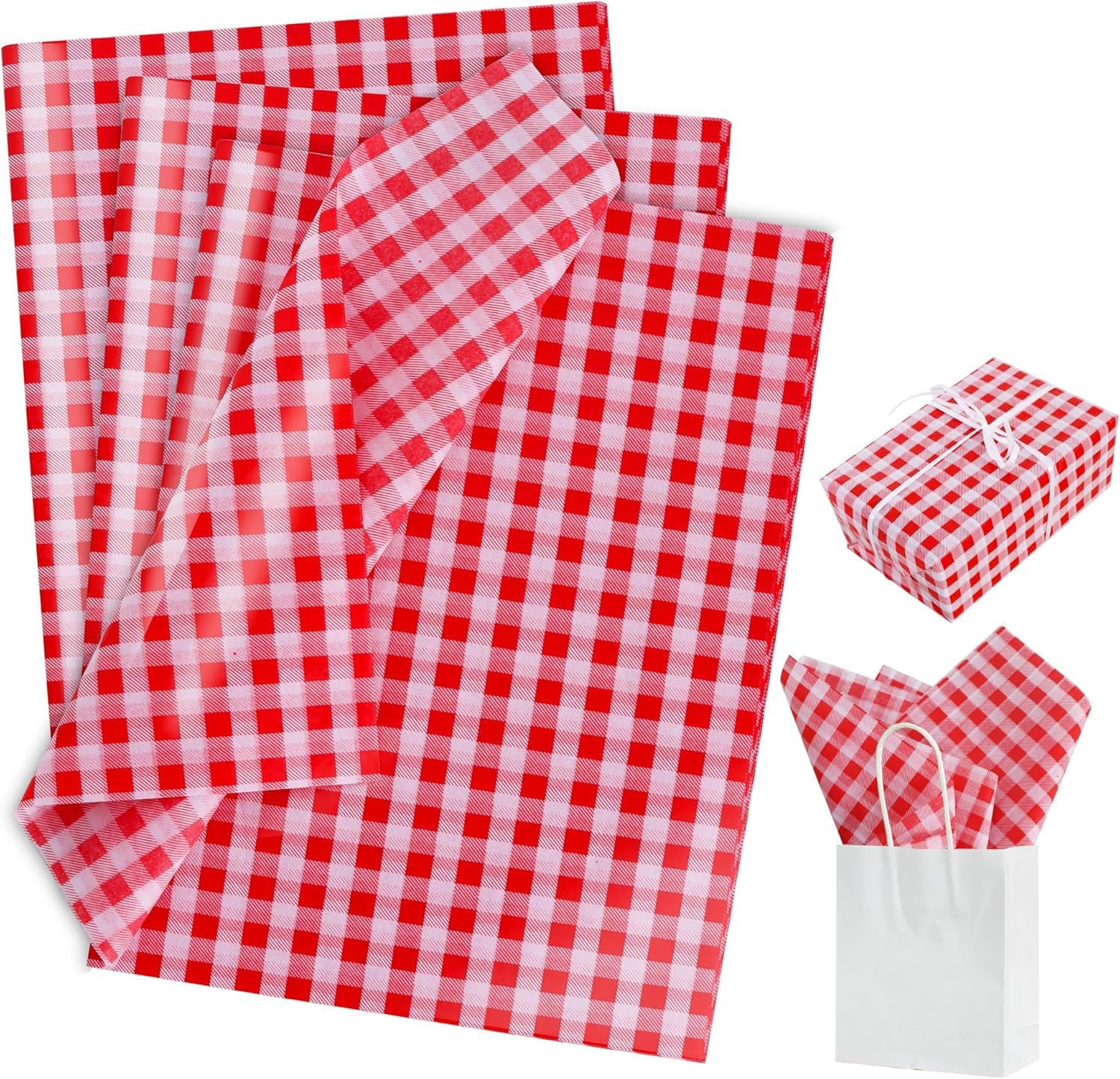 RIBBOOO 14 x 20 Inch 50 Sheets Red & White Gingham Tissue Paper Plaid Checkered Gift Wrapping Paper for Birthday,Wedding,Thanksgiving, Graduation,Christmas Party Craft Decoration