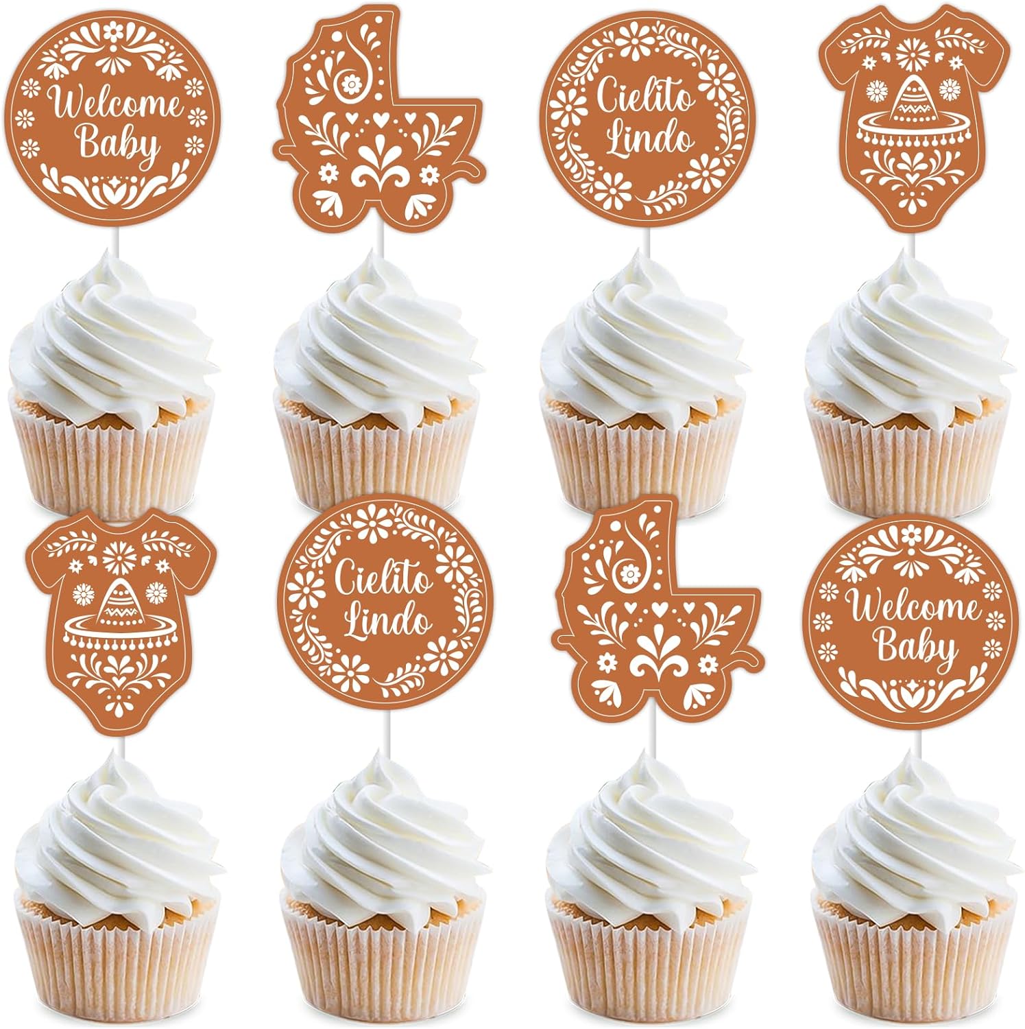 Jollyboom Mexican Baby Shower Decorations, 36pcs Mexican Cielito Lindo Cupcake Toppers Brown for Fiesta Welcome Baby Party Decorations