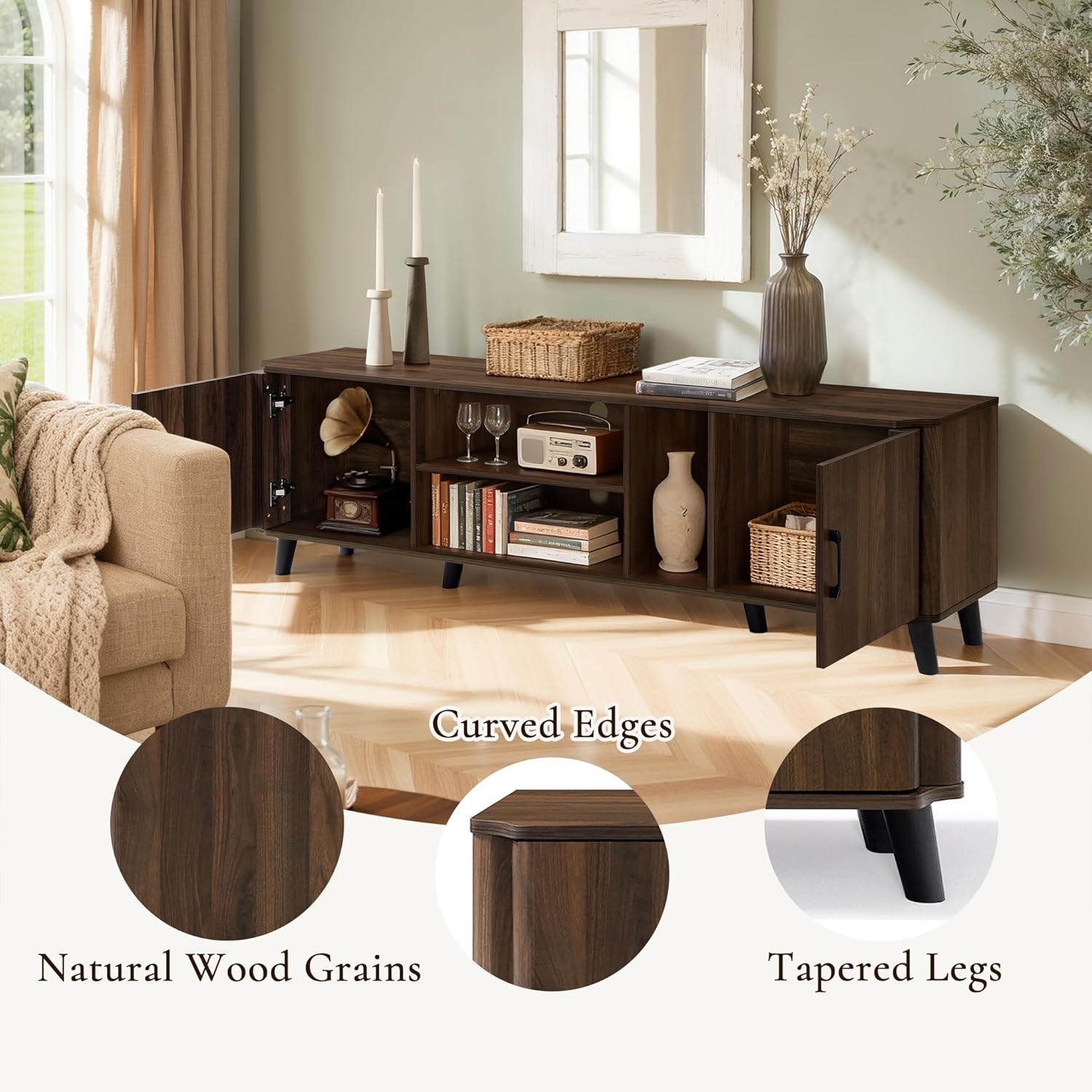 LuxenHome 70" Mid Century Modern TV Stands for Living Room for TVs Up to 75", Walnut Media Console Entertainment Center with Storage, Brown TV Consoles for Living Room with Curved Edge