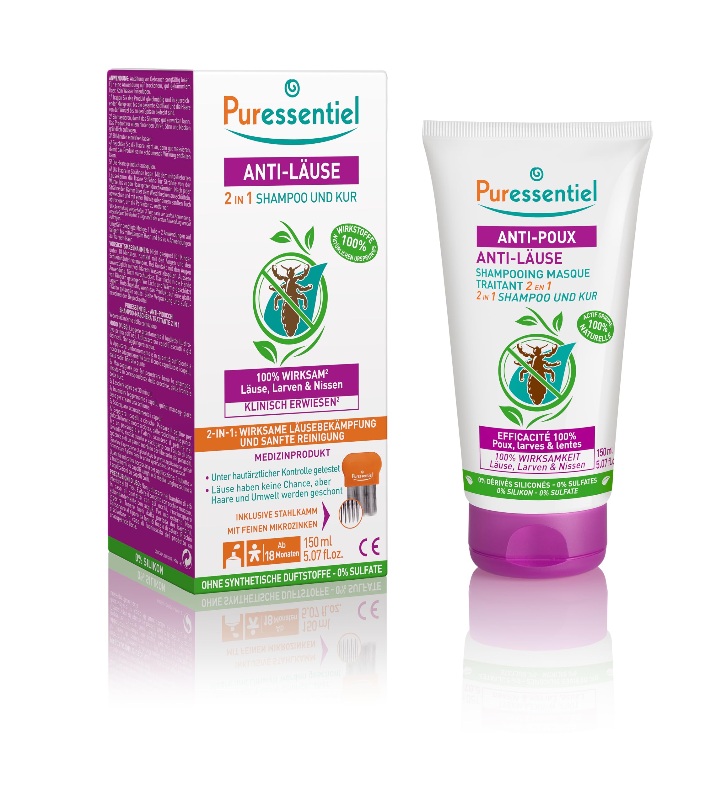 Puressentiel - Anti-Läuse Shampoo-Maske 2 in 1 mit Kamm - Natürliche Behandlung gegen Läuse, Larven, Nissen – Wirkstoff 100% natürlichen Ursprungs - 150 ml