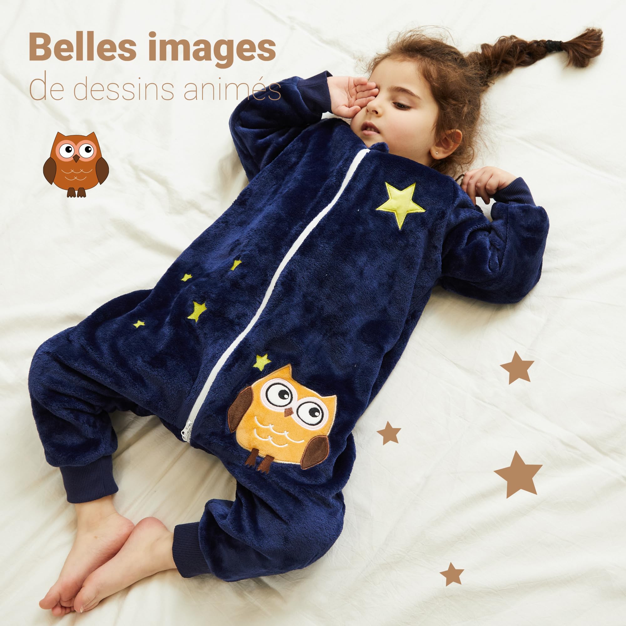 XQ&XG Bebe Gigoteuse a Pied, Unisexe Gigoteuse avec Jambes pour 4 Saisons, Gigoteuse à manches longues 2.0 TOG, Turbulette a Pied pour Garçon Fille, La Chouette, 90