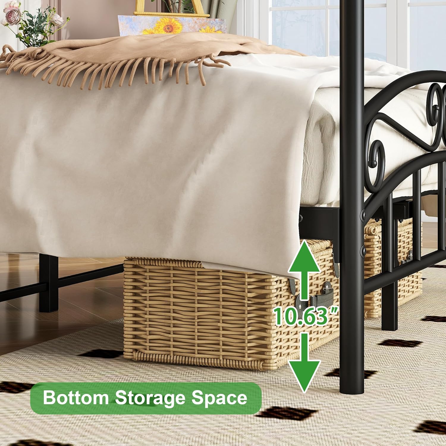 Full Size Bed Frame Four-Poster Metal Canopy Bed Frame Full with Headboard and Footboard Sturdy Slatted Structure No Box Spring Needed Black