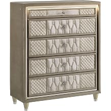 Coaster Home Furnishings - Lorient - Wood and Velvet - 5-Drawer Chest with Built-in LED Lighting, Crystal Knobs and English Dovetail Joinery - Bedroom - Ivory and Camel - 222665