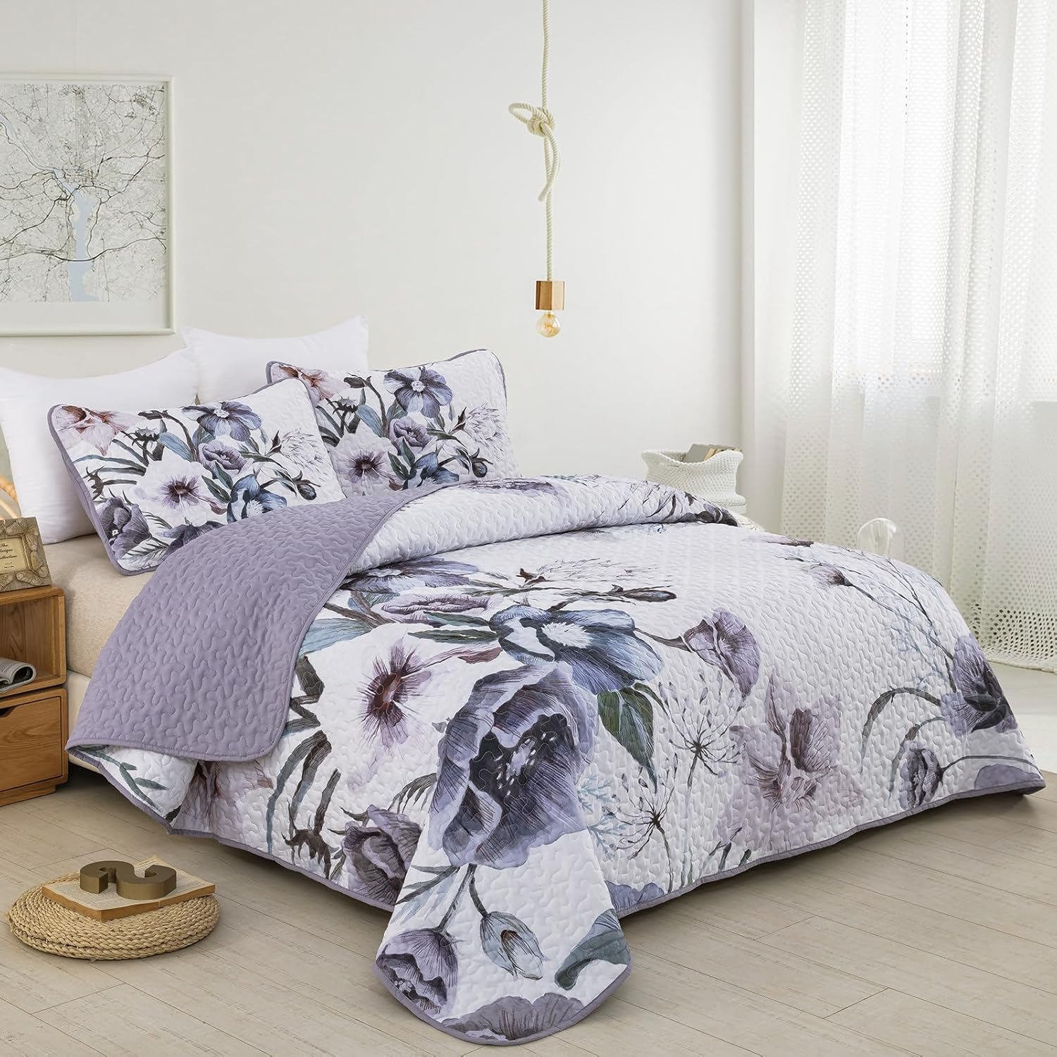 Drucon Purple Floral Quilt Set King Size 3 Pieces Purple Botanical Flower Quilt Coverlet Set Soft Microfiber Lightweight Quilted Bedspread for All Season 104"x90" - Image 2