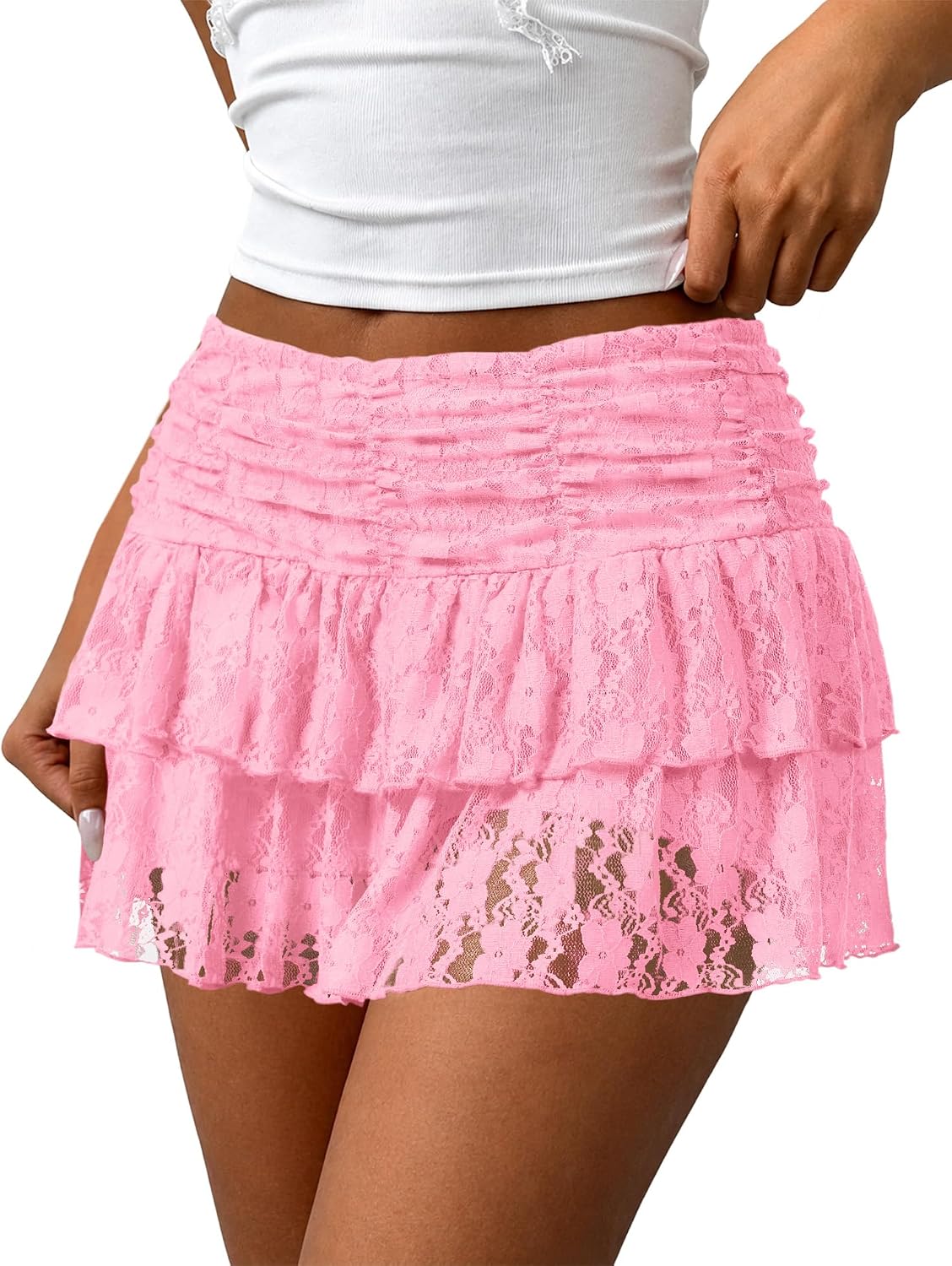 LOMON Women's Y2K Lace Mini Skirt with Shorts Ruffle Hight Waisted Skort Coquette Skirts
