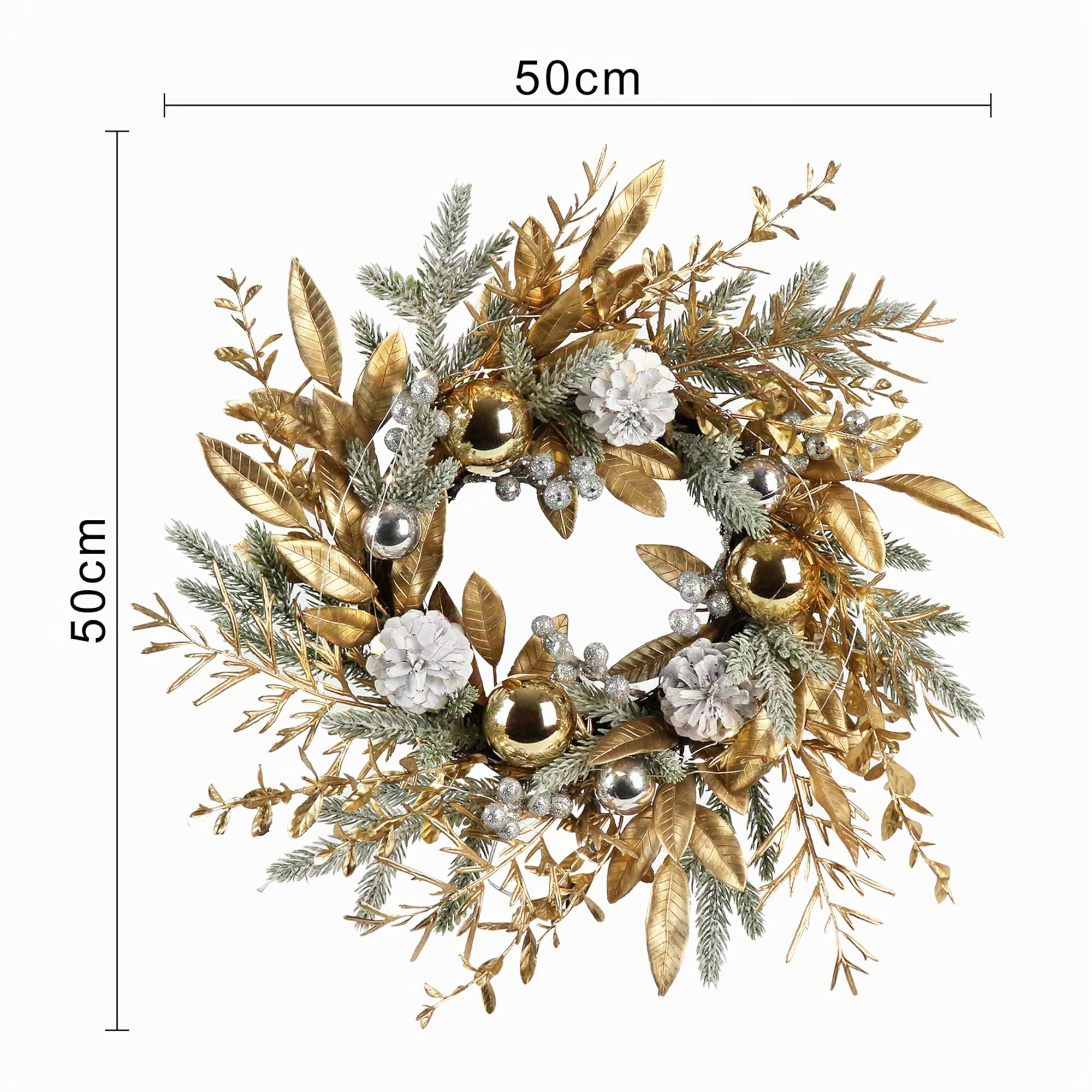 Zavothy Ghirlanda Natalizia per Porta Natalizia, 50 cm, Ghirlanda Artificiale con Pigne e Palline di Natale, Corona dell'Avvento, Decorazione Natalizia, Oro