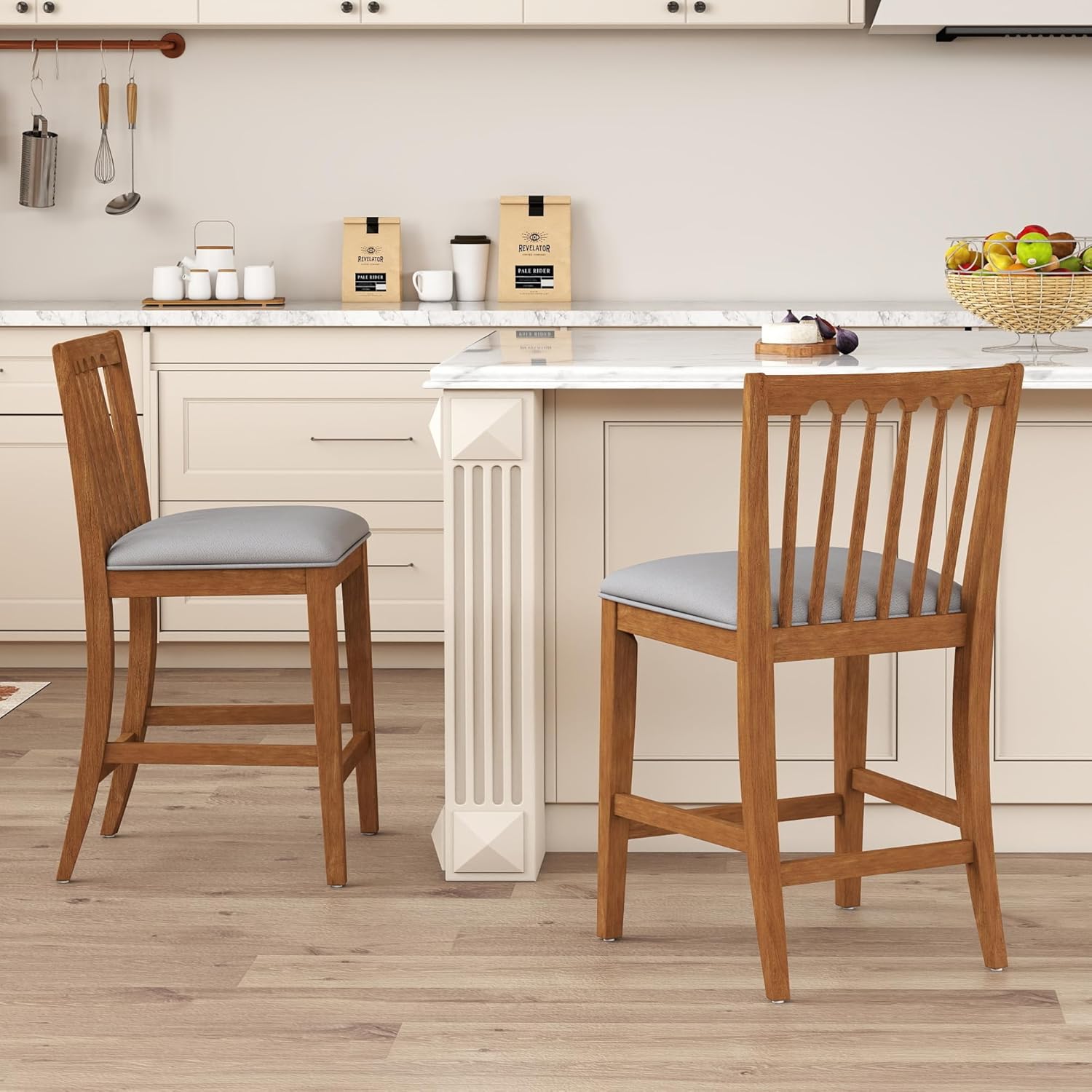 25" Bar Stools Set of 2 Farmhouse Bar Stool with Spindle Slat Back, Padded Seat, Rubber Wood Footrest Counter Height Bar Stools for Kitchen Island Pub Restaurant, Grey
