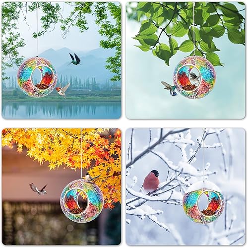 Miniatura 7 de VCUTEKA Comedero de mosaico para pájaros para colgar en el exterior con recipiente de vidrio de forma redonda para atraer más aves silvestres para