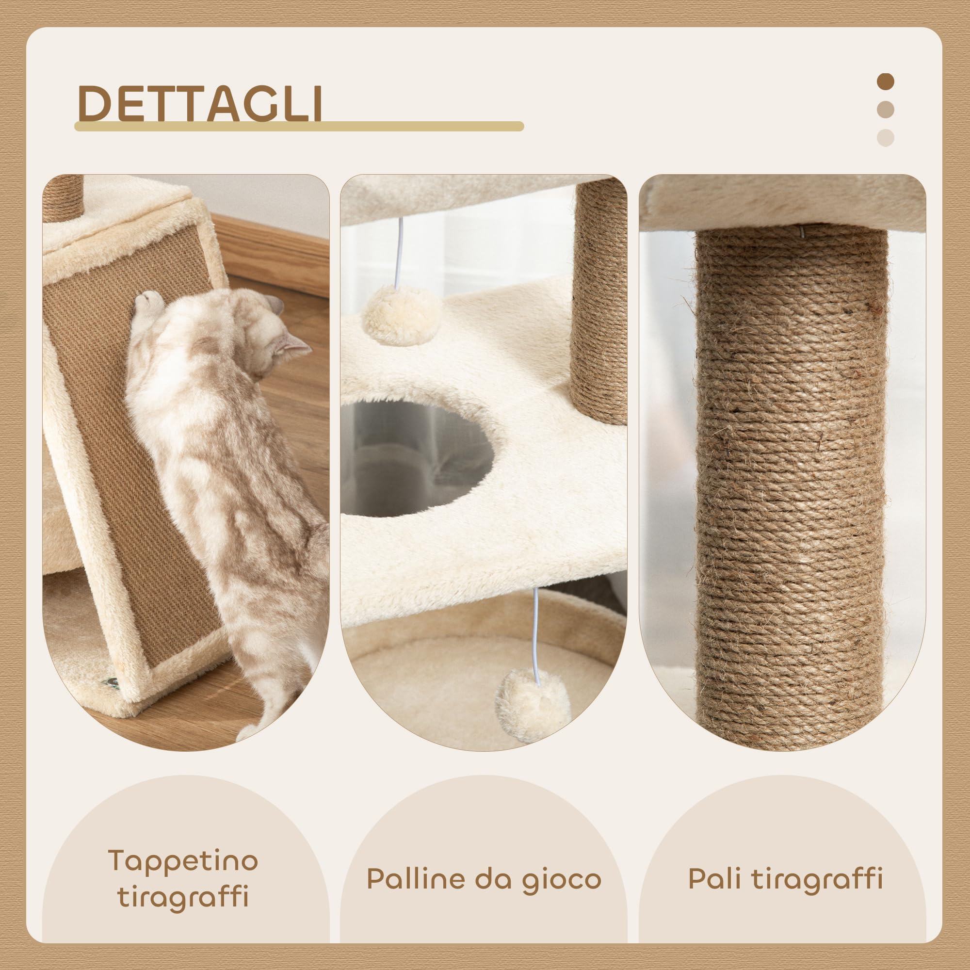 PawHut Albero Tiragraffi per Gatti con Cuccia a U, Lettino e Tappetino, Tiragraffi per Gattini in Truciolato, Peluche e Sisal, 60x30x76 cm, Marrone Chiaro