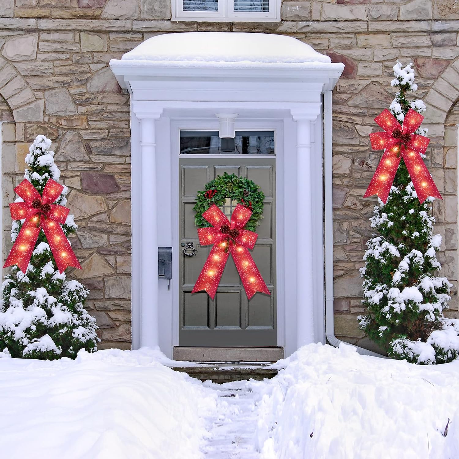 Christmas LED Wreath Bow Outdoor Decorations, 23 x 16 Inch Battery Powered Big Xmas Wreath Bow with Light Xmas Tree Topper Christmas Wall Door Front Outdoor Tree Decoration(1 Pcs) - Image 4