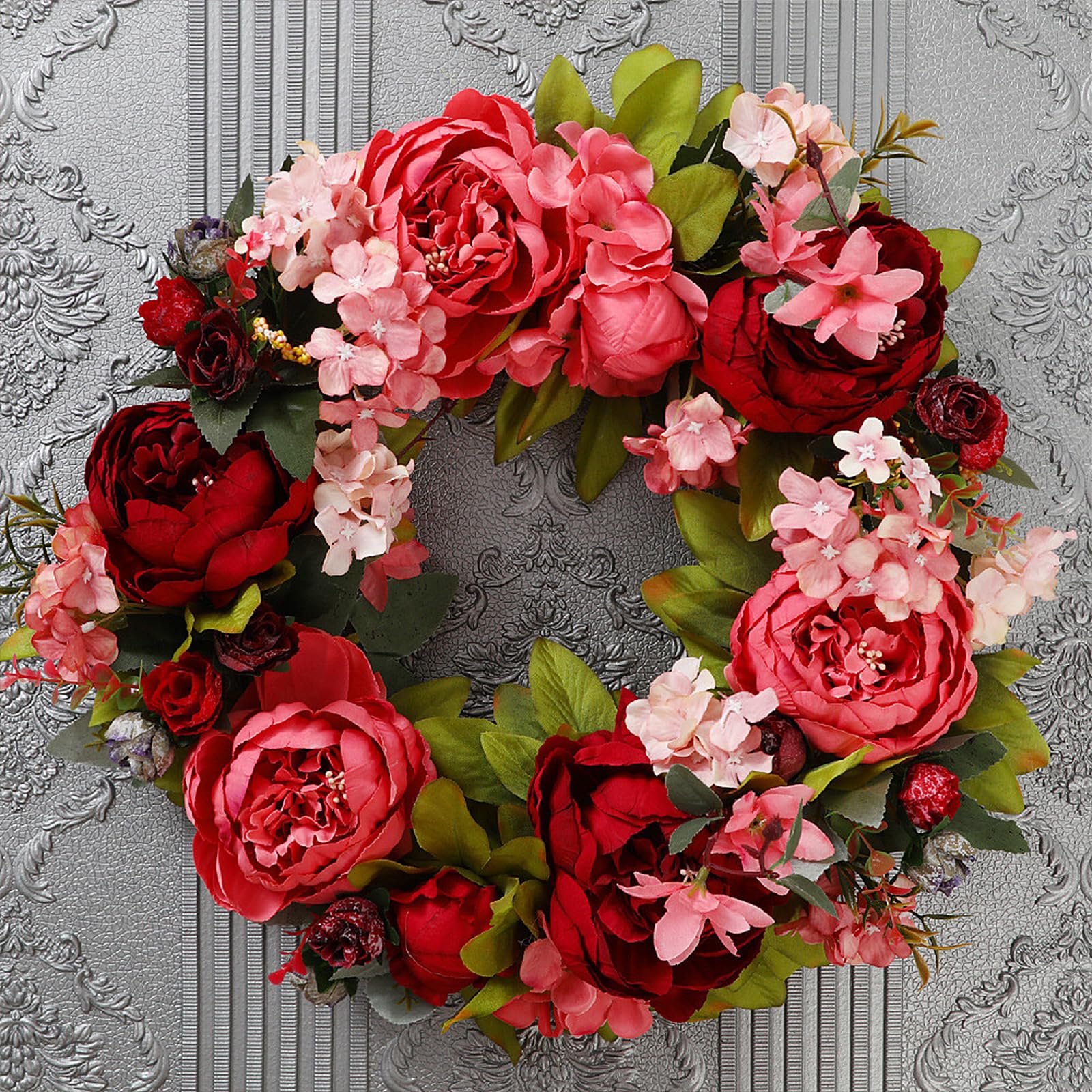 Artificial Peony Flower Wreath Handmade Pink Floral Wreath Spring Wreath for Front Door Artificial Spring Garland for Wedding Party Home Decor(red)