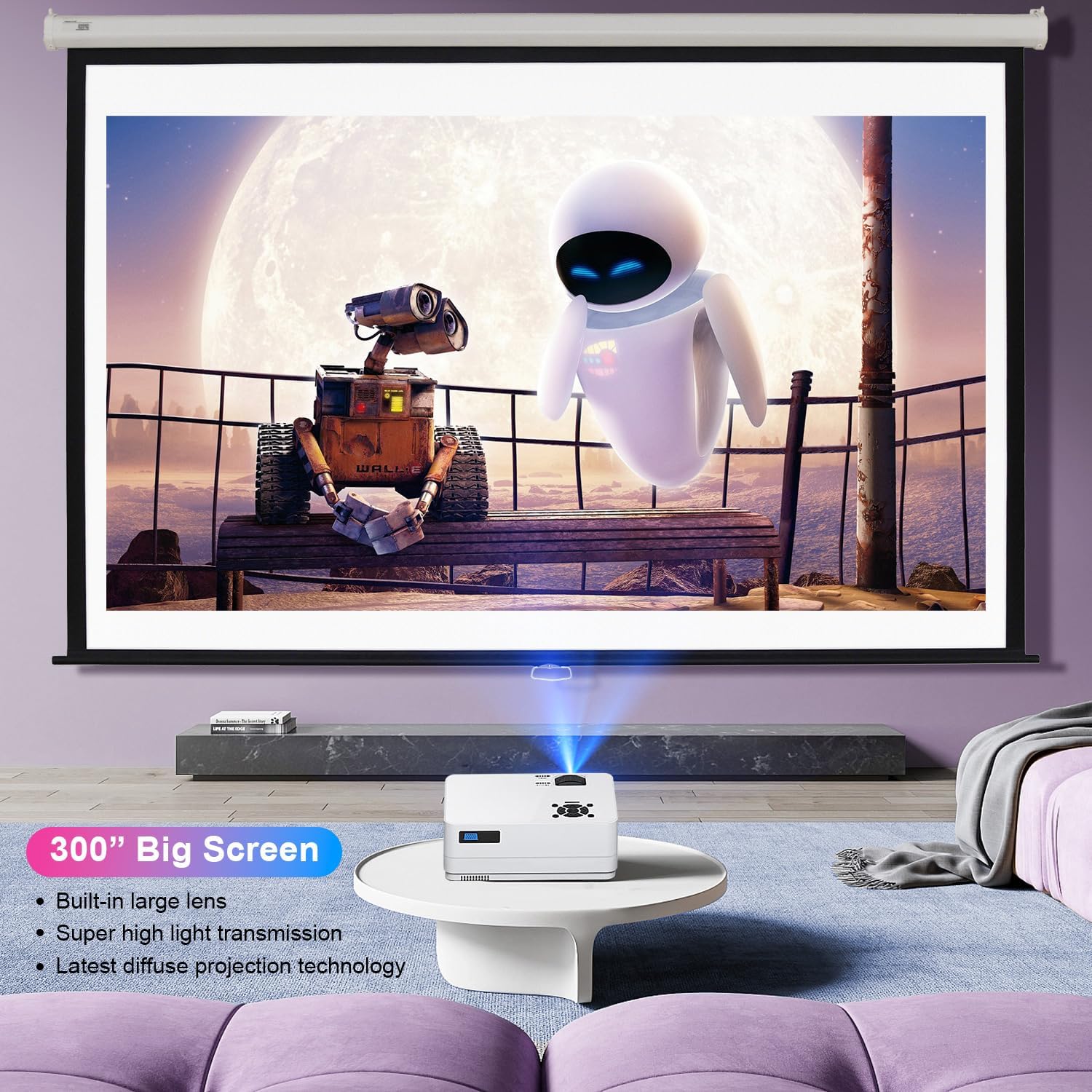 Native 1080P Projector with Wifi and Bluetooth, 15000LM Full HD Movie Projector Include Screen and Carrying Bag,4K Proyectores Compatible with HDMIUSB/PHONE/Laptop, for Home, Bedroom, Outdoor White