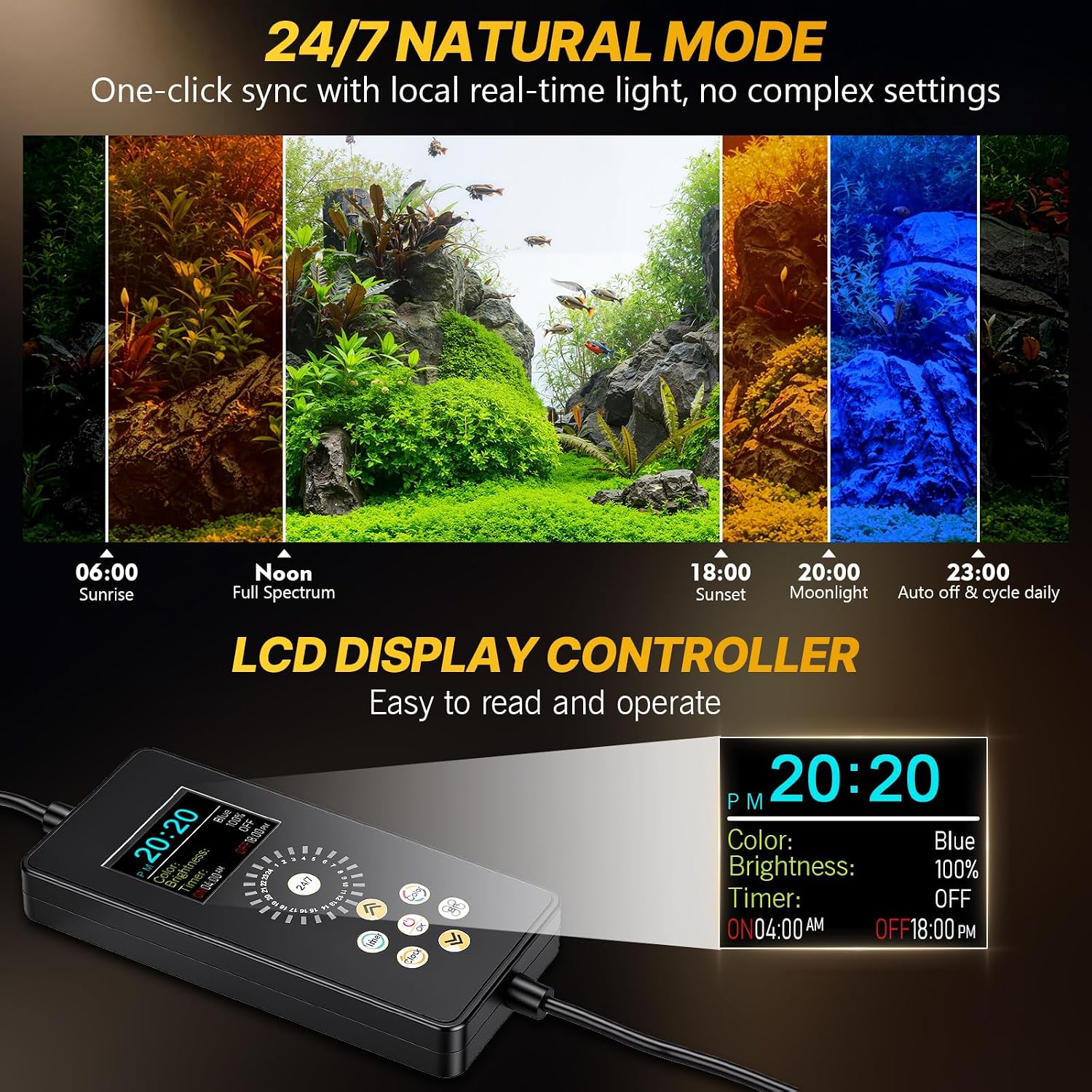 fishkeeper Clip on Aquarium Light for Plants, 6 Row LED Brightness, 18W | 12-18in Full Spectrum Fish Tank Light with 24/7 Natural Mode, DIY Mode, Adjustable Height/Front-to-Back Aquarium Light Riser