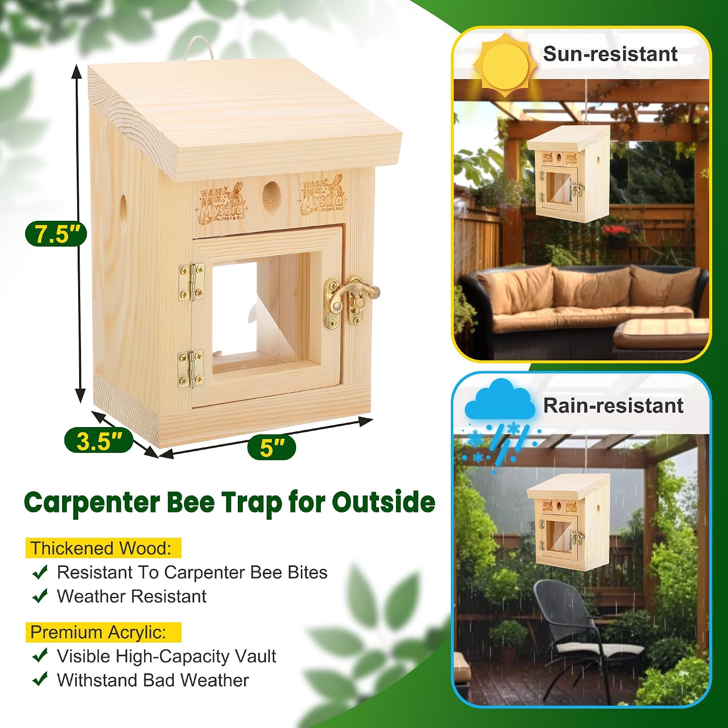1 Pack Carpenter Bee Trap for Outside, 2 in 1 Catch & Release Wood Boring Bee Traps, Transparent Acrylic Viewing Chamber, Outdoor Hanging Pest Control for Garden, Yard (Slant Roof)