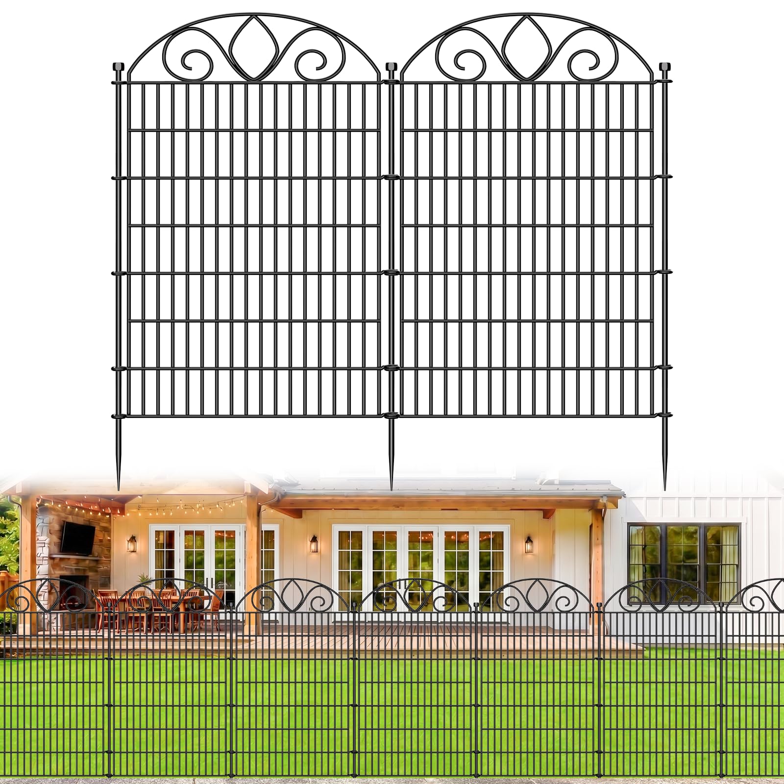 10 Panels No Dig Decorative Garden Fence with Gate – 122cm (H) x 720cm (L) Outdoor Rustproof Metal Dog Fence for Yard, Animal Barrier Fence for Pet, Border, Patio, Flower Bed | Temporary Fencing