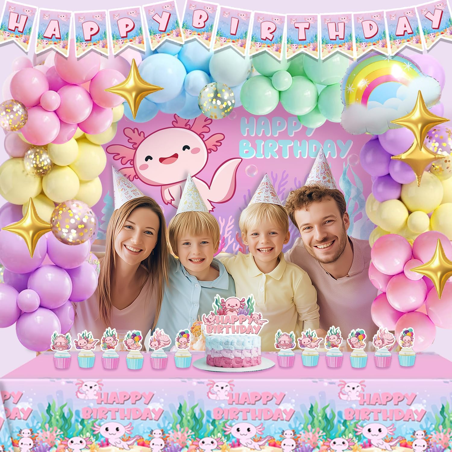 Axolotl Birthday Party Decorations for Girls - 100pcs Balloons Garland Kit, Axolotl Backdrop, Happy Birthday Banner, Tablecloth, Rainbow Balloons, Axolotl Cake and Cupcake Toppers