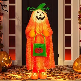 1 Pack Halloween Pumpkin Decorations Porch Indoor 32inch Lighted Color Changing Pumpkin Head Trick or Treater Jack O Lantern with Candy Pocket,Decor Porch Yard Lawn Home Decorations