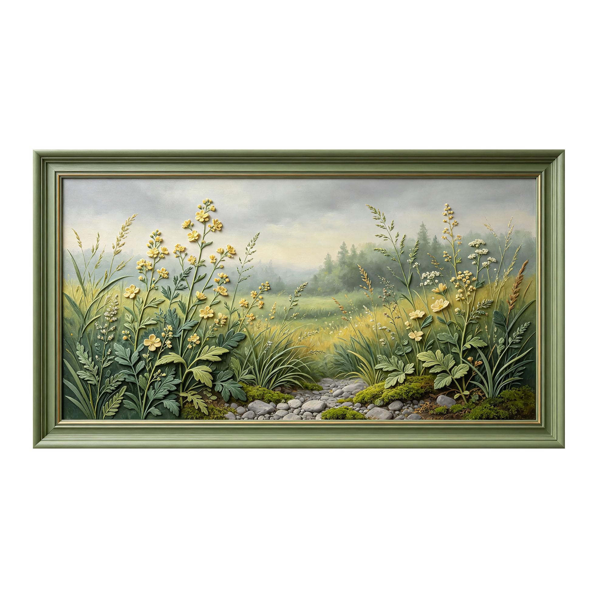 Murasolite 3D Framed Wall Art Meadow Wildflower Landscape Oil Painting SelfAdhesive Fabric Mural Wall Decor， Peel and Stick No Damage to Wall， AntiFall Safe Design for Bedroom Living Room