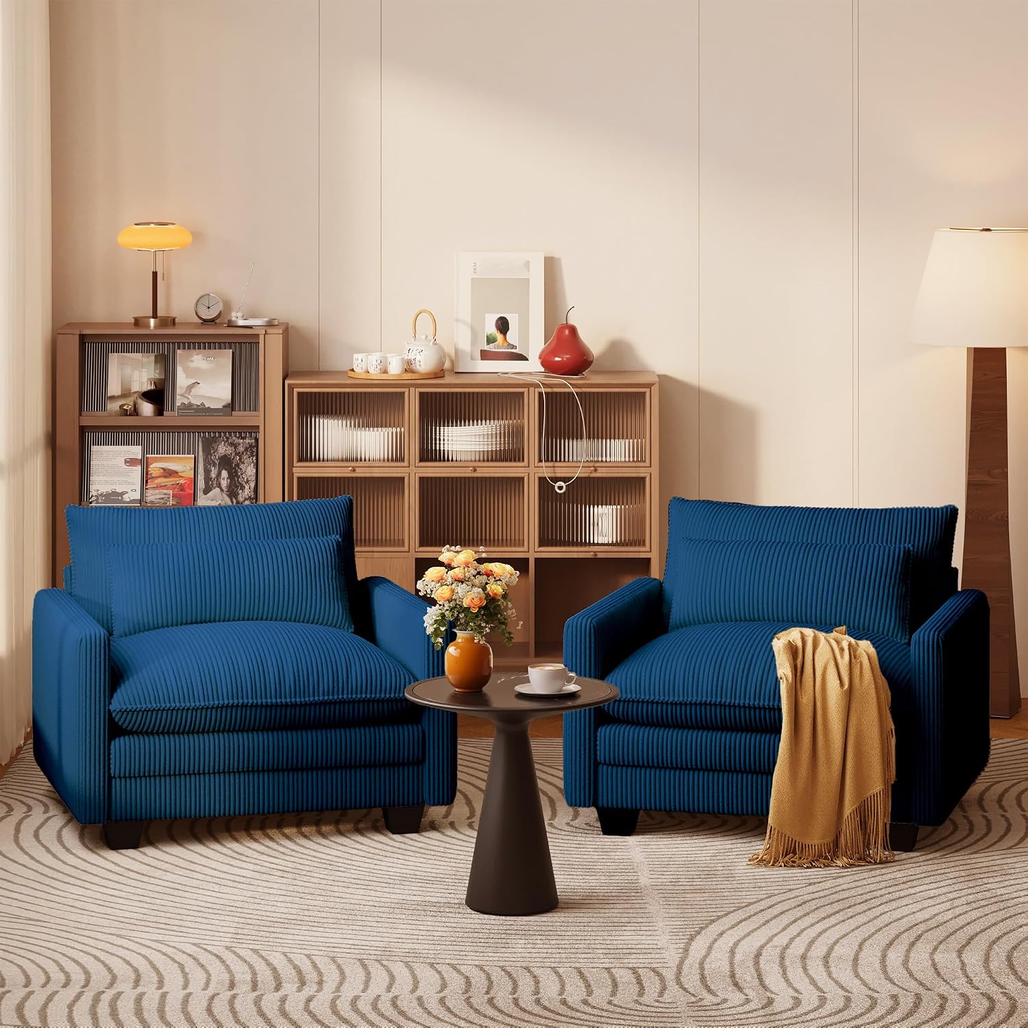 Gizoon Cloud Accent Chair with Washable Cover, Corduroy Single Sofa Chair with Comfy Deep Seat, Modern Armchair with Pillow for Living Room Bedroom, Blue