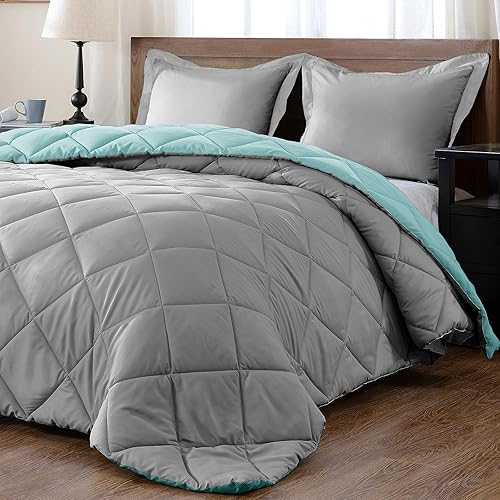 Miniatura 2 de Upluxius Edredón reversible de diseñador, perfecto tamaño King de gran tamaño (98 x 118 pulgadas), color azul claro y gris, 100% algodón egipcio con