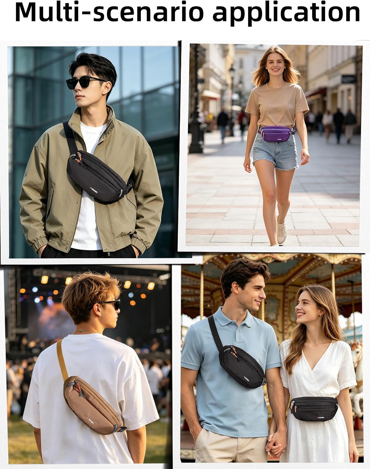 Fanny Pack for Women Men, 2L Crossbody Sling Bag Lightweight Waist Belt Bag Small Chest Bag, 970 Grid Fabric Mini Bag with 2 Zippered Compartments for Travel Hiking Running Walking EDC, Black