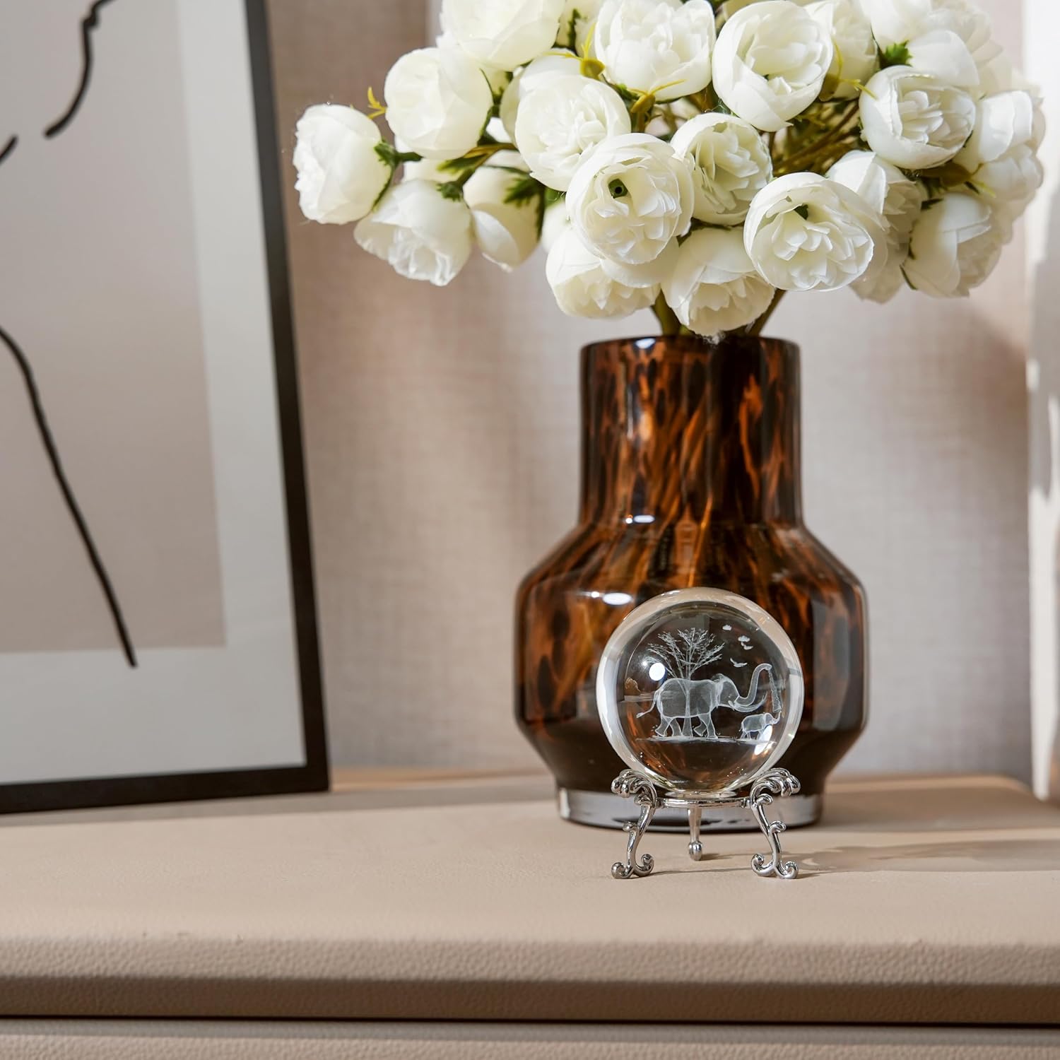 2.3in 3D Laser Engraved Mother Son Elephants Crystal Ball with Stand Elephant Figurine Glass Ball Decorative Sphere Table Decor Craft Paperweight - Image 4