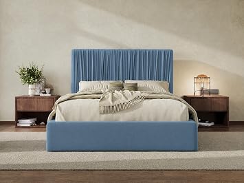 SHA CERLIN Queen Size Artisanal Pleated Velvet Bed Frame with Adjustable Headboard, Luxurious Upholstered Floor Platform Bed, Modern Low Profile Frame, Blue