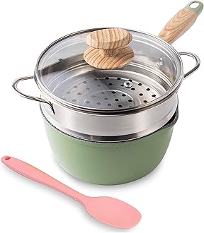 Saucepan with Steamer, ROCKURWOK Nonstick Sauce Pan Small Pot with Lid, Solid Wood Handle, 2.5 Quart, Green