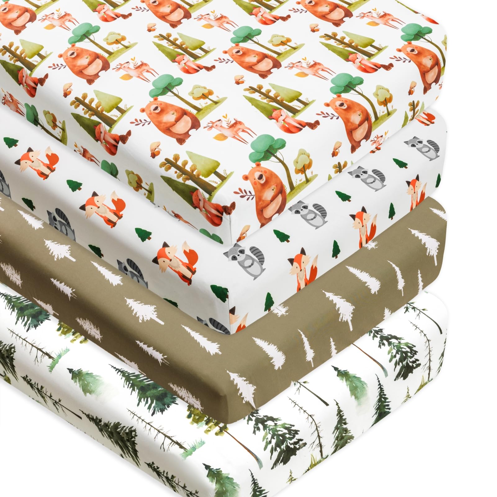 Juego de 4 sábanas ajustables unisex para cuna de bebé, diseño de animales del bosque, madera neutra, para bebés niños o niñas, blanco y negro