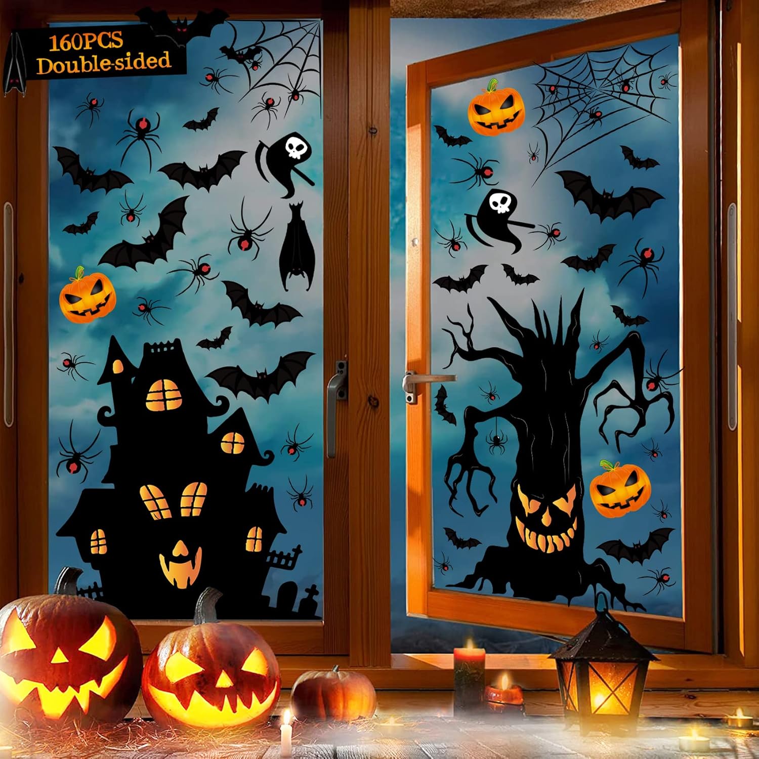 Halloween Window Stickers, 160PCS Halloween Window Clings Pumpkin Bats
