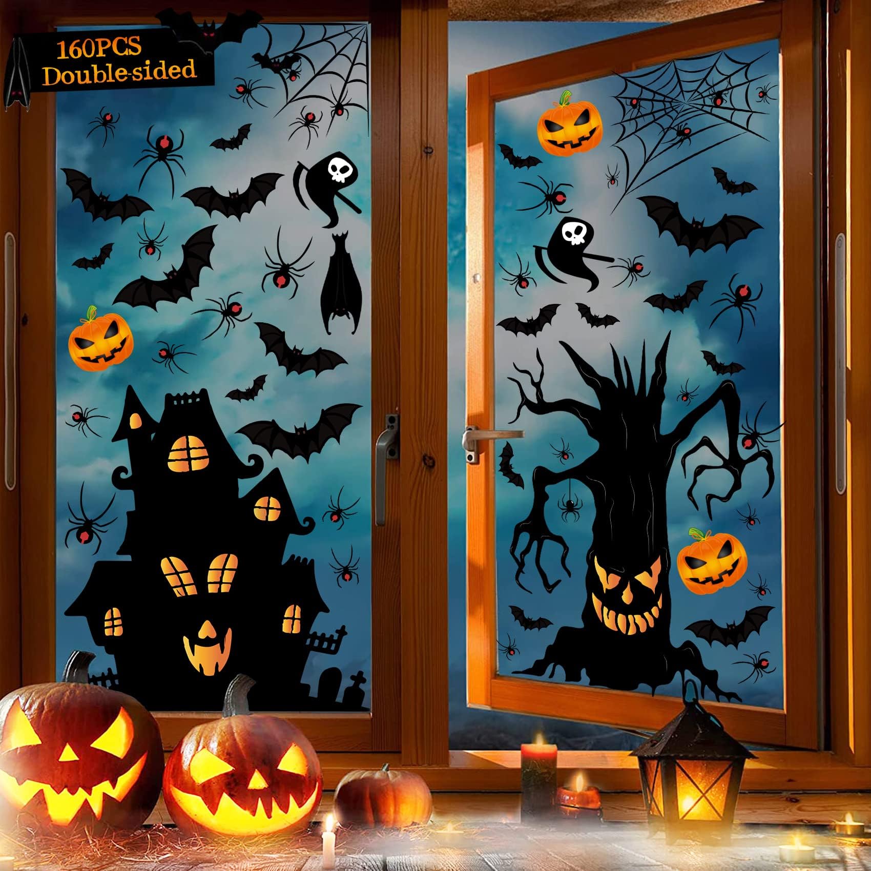 Halloween Window Stickers, 160PCS Halloween Window Clings Pumpkin Bats Spiders Halloween Window Decorations PVC Static Window Decal for Halloween Decorations Reusable Window Clings Stickers