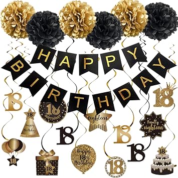 BRT Bearingshui Happy 18th Birthday Hanging Swirls Streamers Decoration, Happy Birthday Banner with Tissue Pompoms, Black and Gold 18 Years Old Birthday Party Hanging Backdrop Decorations